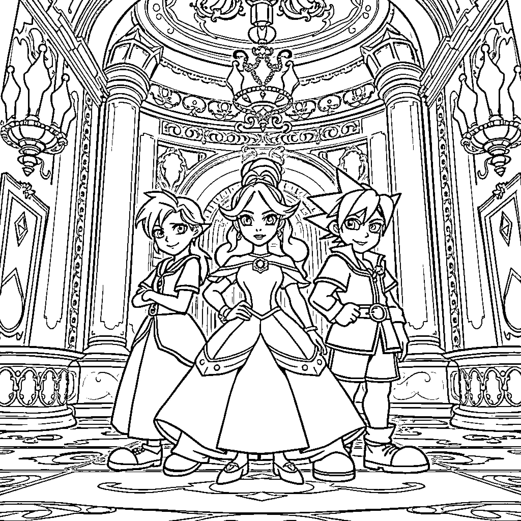 Kingdom Hearts: Trio in Regal Palace Coloring Page (free black-and-white line drawing printable PDF for all, from beginners to advanced learners, including children, teens, adults, and seniors)