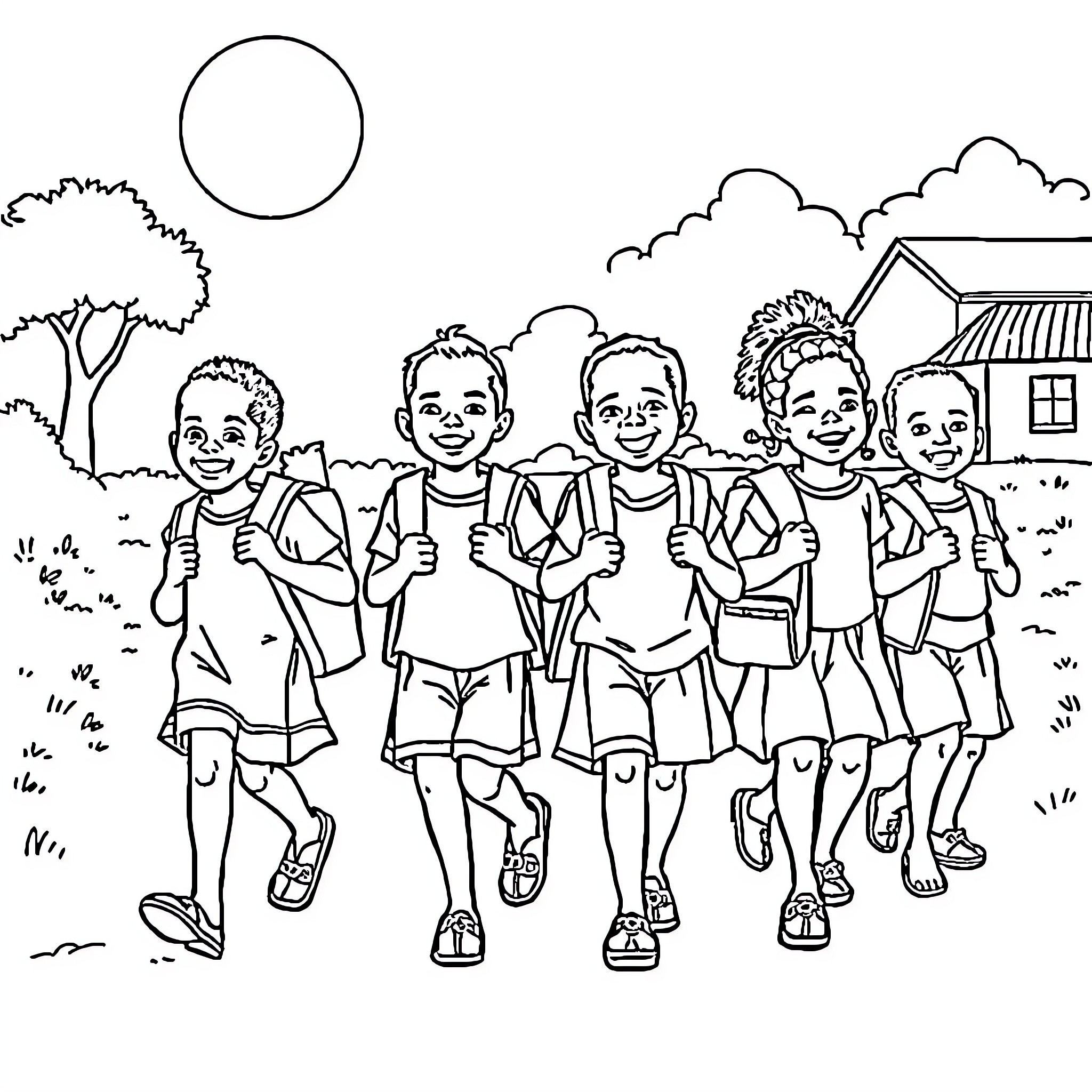 Child friends running happily in the park Coloring Page (free black-and-white line drawing printable PDF for all, from beginners to advanced learners, including children, teens, adults, and seniors)