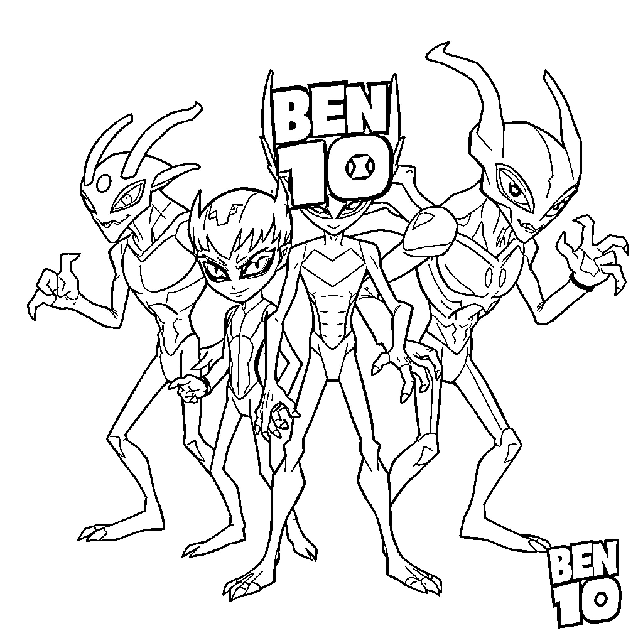 Ben 10 Alien Characters Gathered Together Coloring Page (free black-and-white line drawing printable PDF for all, from beginners to advanced learners, including children, teens, adults, and seniors)