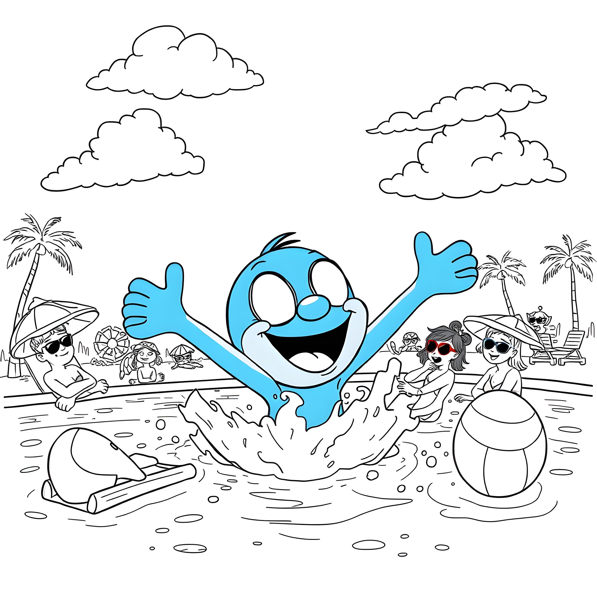 Bluey having fun at the beach with friends Coloring Page (free black-and-white line drawing printable PDF for all, from beginners to advanced learners, including children, teens, adults, and seniors)