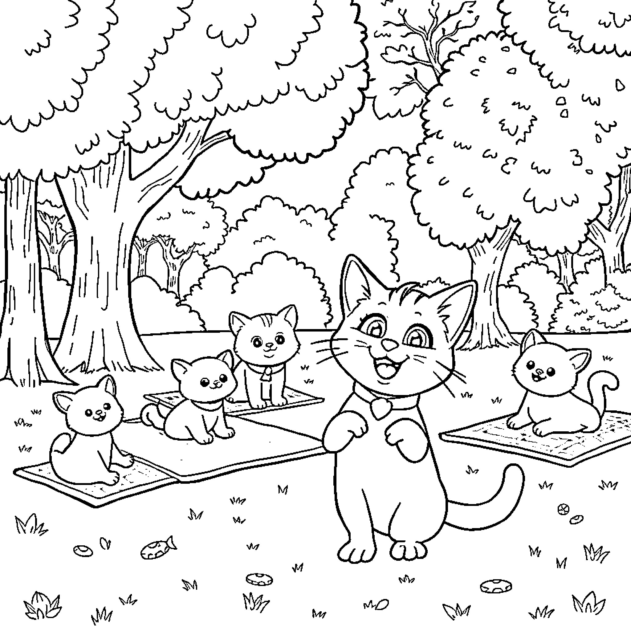 Gabbi's Playful Kitties in the Forest Coloring Page (free black-and-white line drawing printable PDF for all, from beginners to advanced learners, including children, teens, adults, and seniors)