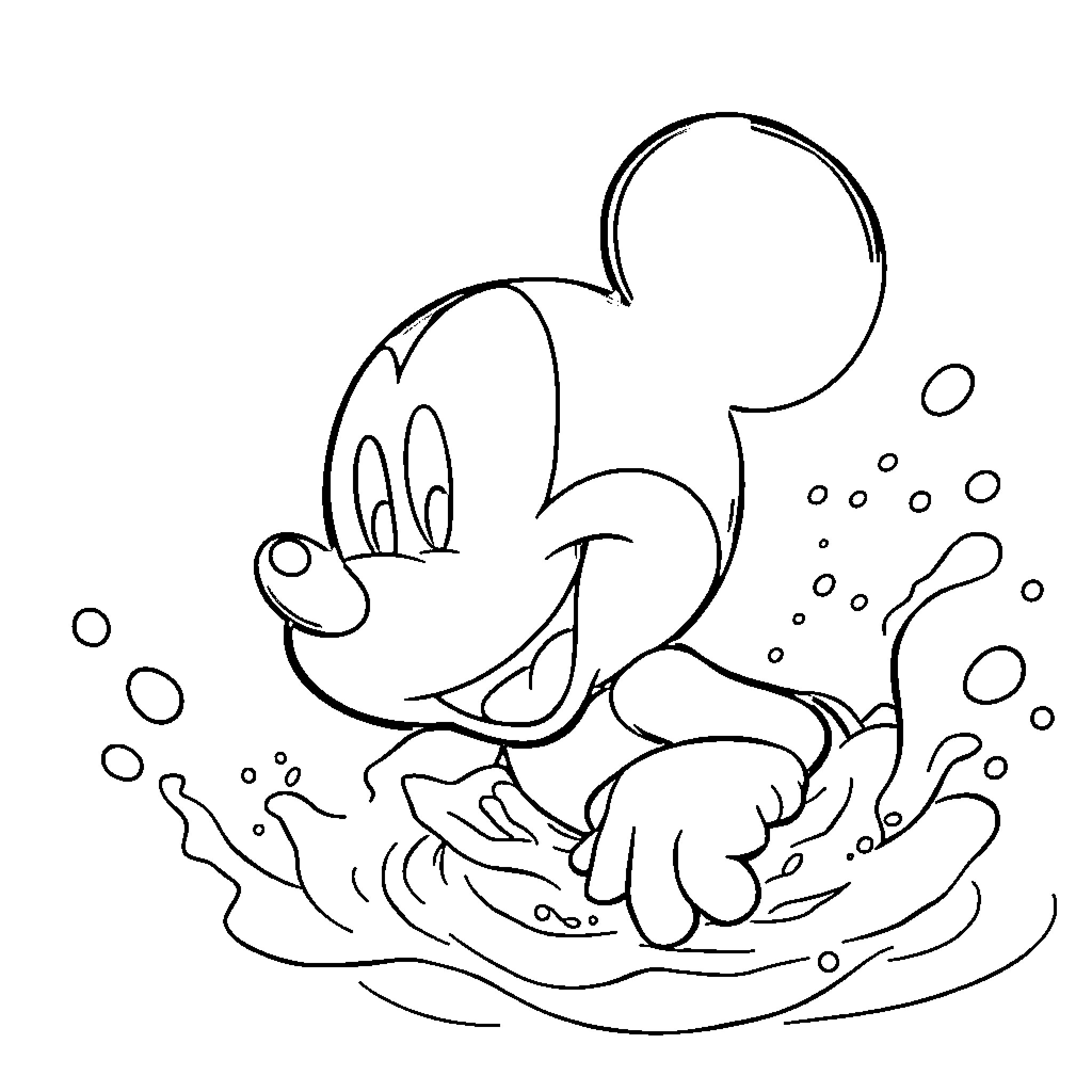 Mickey Mouse having fun in the water Coloring Page (free black-and-white line drawing printable PDF for all, from beginners to advanced learners, including children, teens, adults, and seniors)