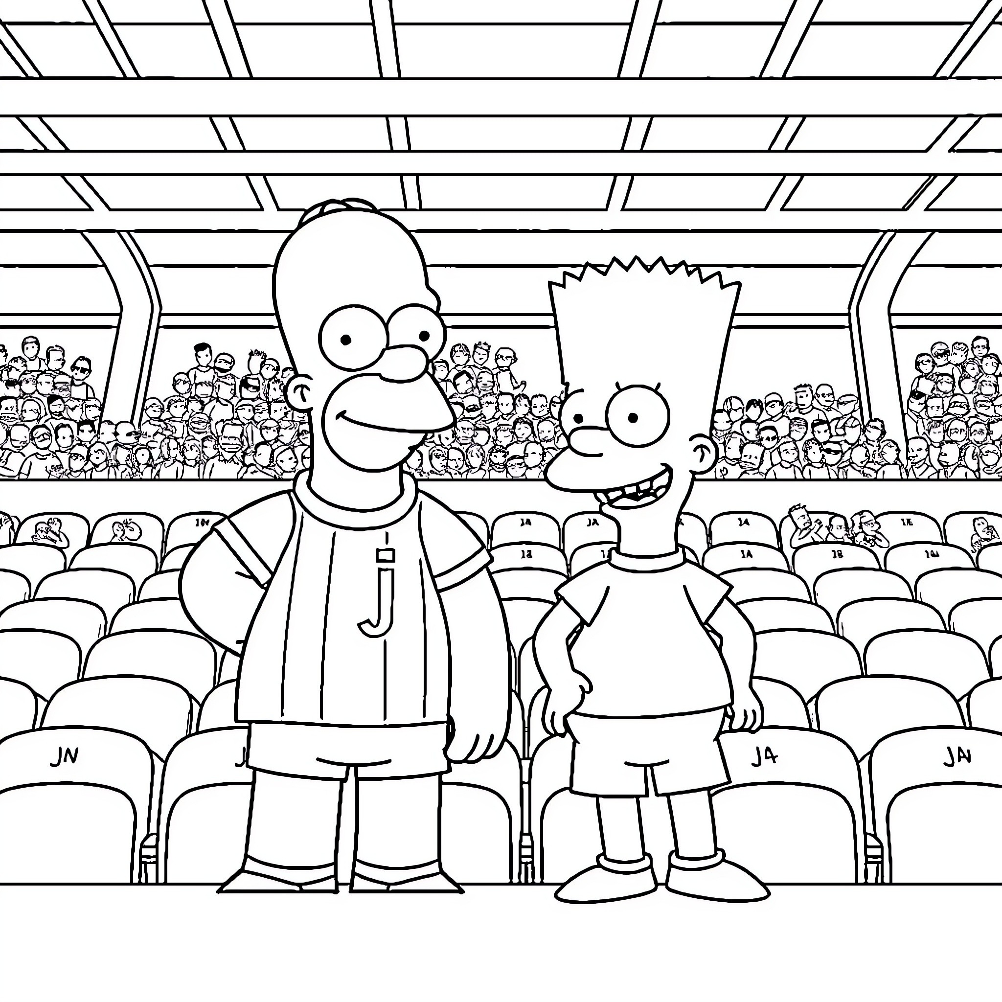 Simpsons characters in a crowded auditorium Coloring Page (free black-and-white line drawing printable PDF for all, from beginners to advanced learners, including children, teens, adults, and seniors)