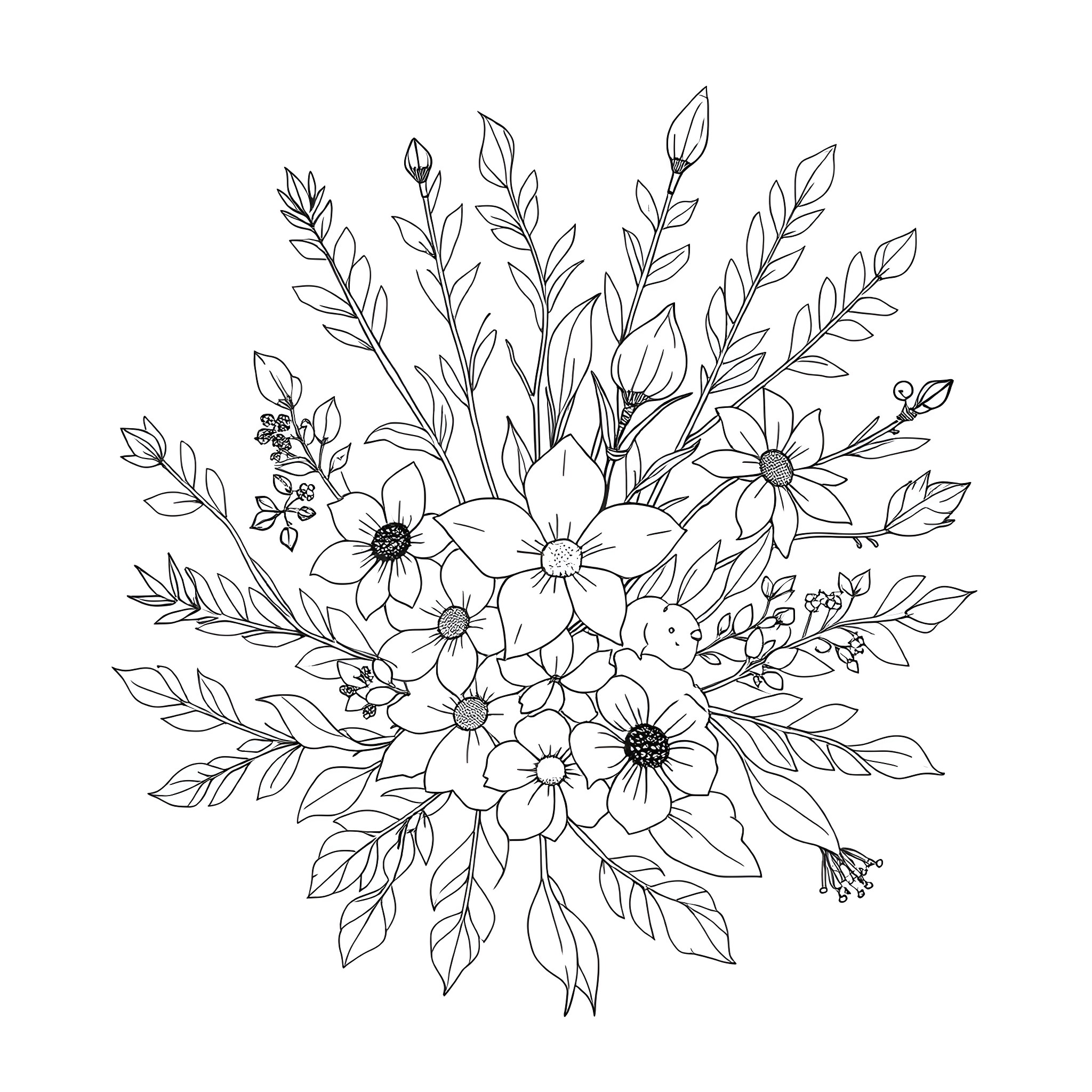 Lady with a Lovely Floral Arrangement Coloring Page (free black-and-white line drawing printable PDF for all, from beginners to advanced learners, including children, teens, adults, and seniors)
