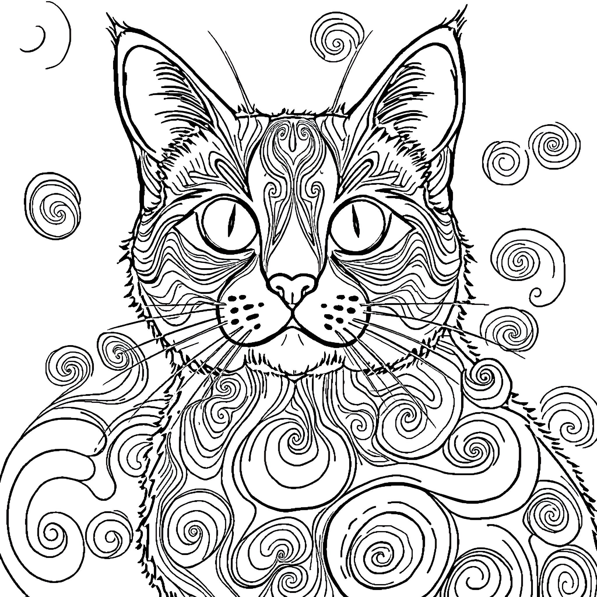 Cat with ornate swirling patterns Coloring Page (free black-and-white line drawing printable PDF for all, from beginners to advanced learners, including children, teens, adults, and seniors)