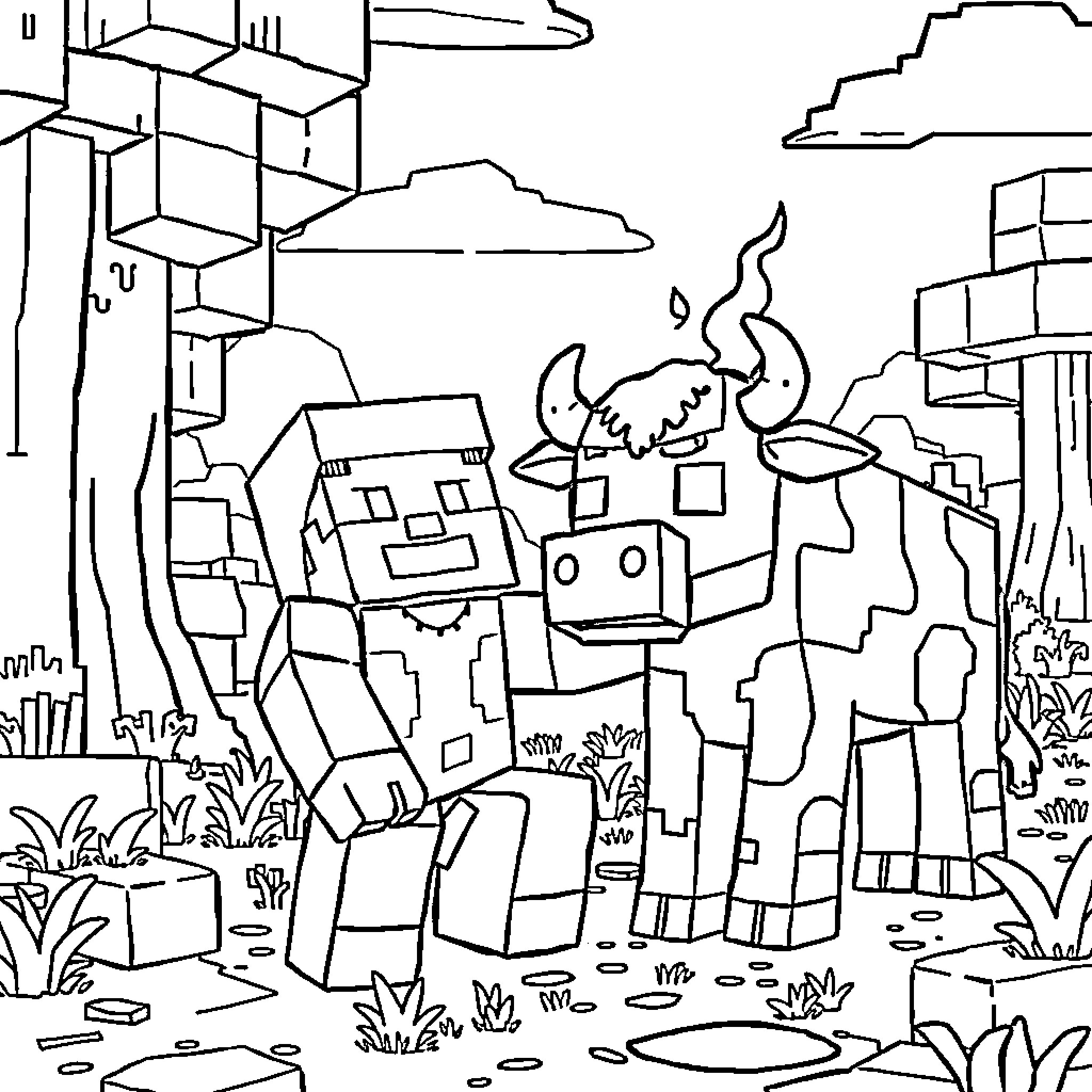 Minecraft Steve exploring a vibrant world Coloring Page (free black-and-white line drawing printable PDF for all, from beginners to advanced learners, including children, teens, adults, and seniors)