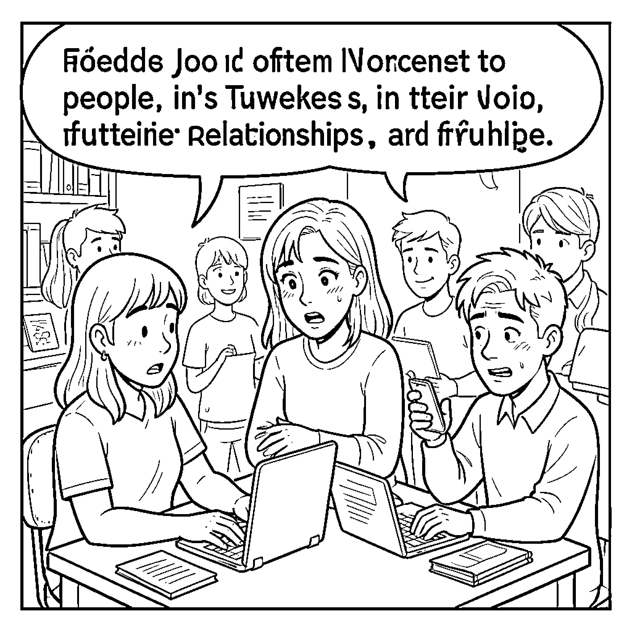 Quarter Life Crisis: overwhelmed student facing group pressure Coloring Page (free black-and-white line drawing printable PDF for all, from beginners to advanced learners, including children, teens, adults, and seniors)