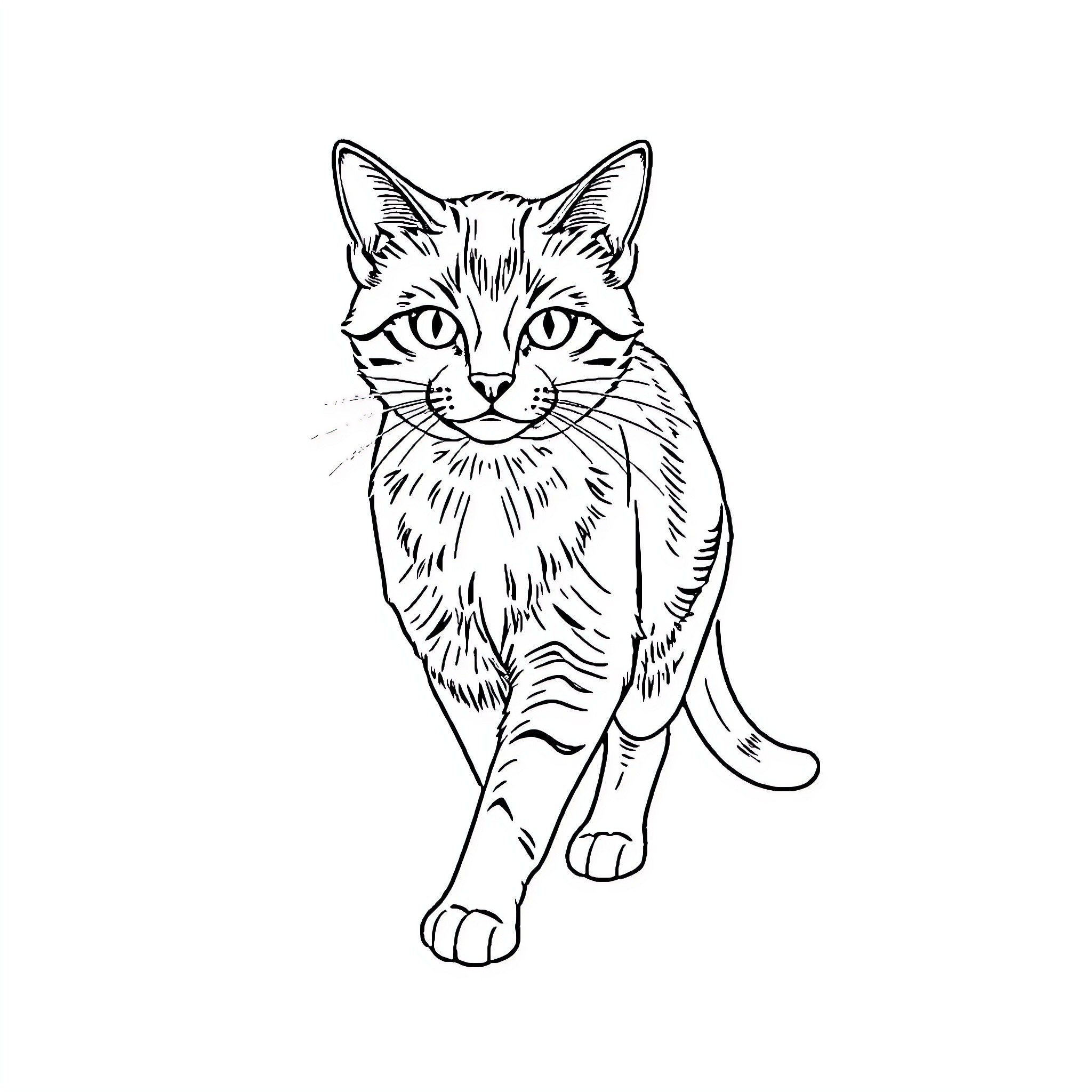 Cat in elegant black and white illustration Coloring Page (free black-and-white line drawing printable PDF for all, from beginners to advanced learners, including children, teens, adults, and seniors)