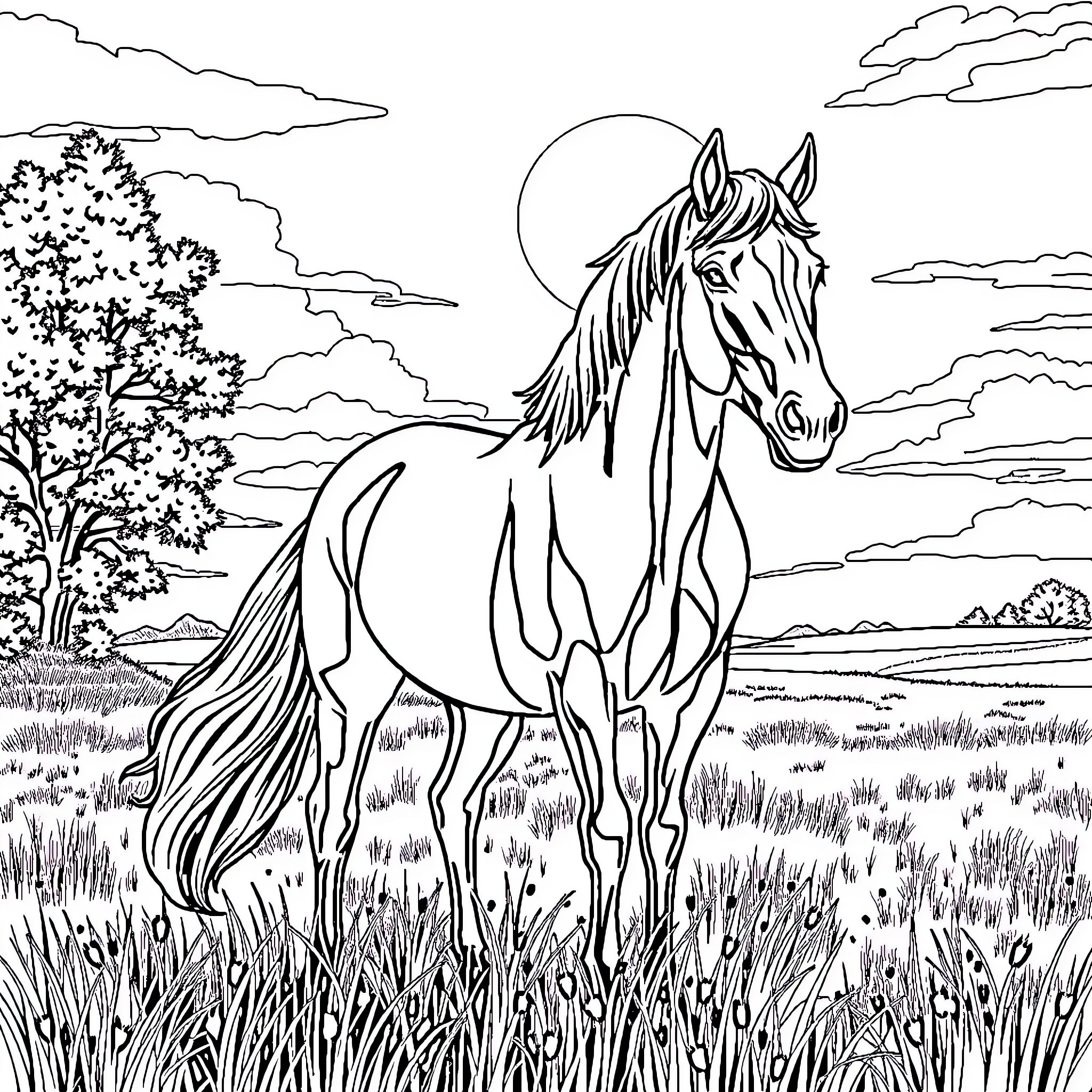 Horse standing in a scenic landscape Coloring Page (free black-and-white line drawing printable PDF for all, from beginners to advanced learners, including children, teens, adults, and seniors)
