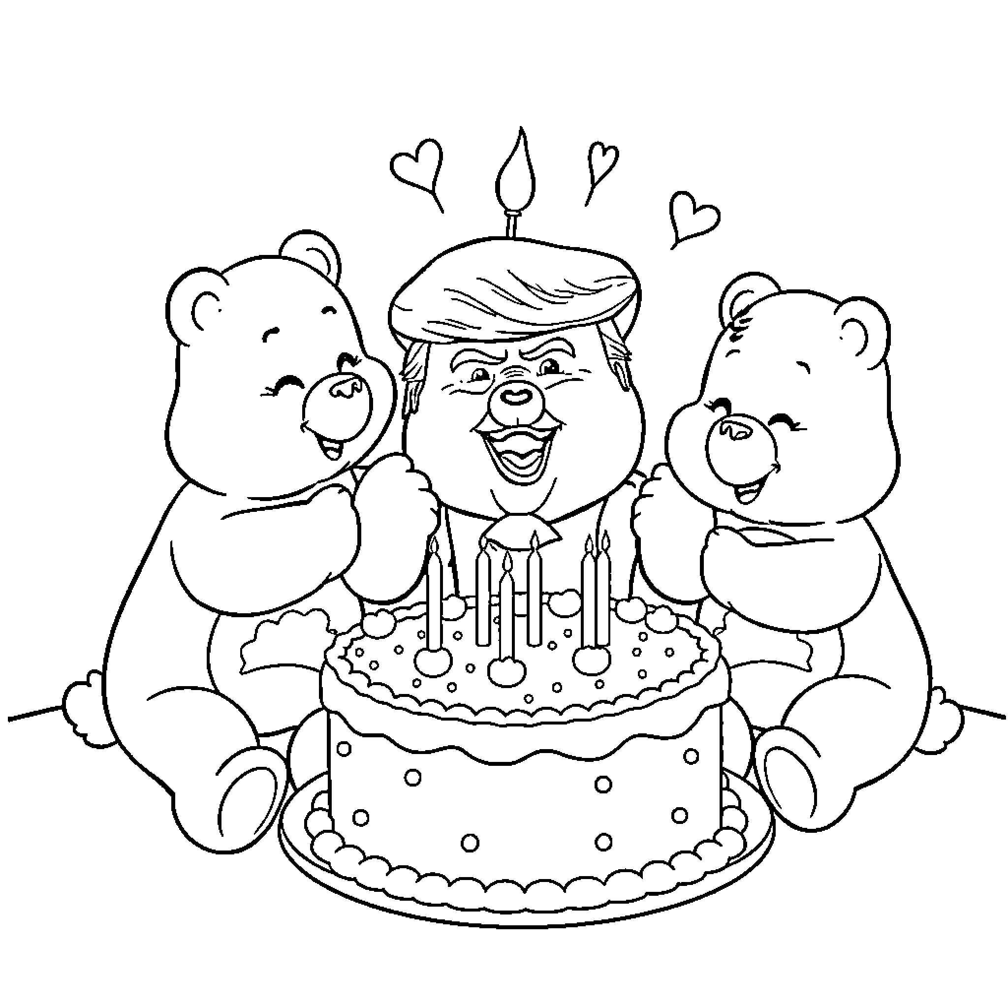 Care Bear friends celebrate Trump's birthday Coloring Page (free black-and-white line drawing printable PDF for all, from beginners to advanced learners, including children, teens, adults, and seniors)