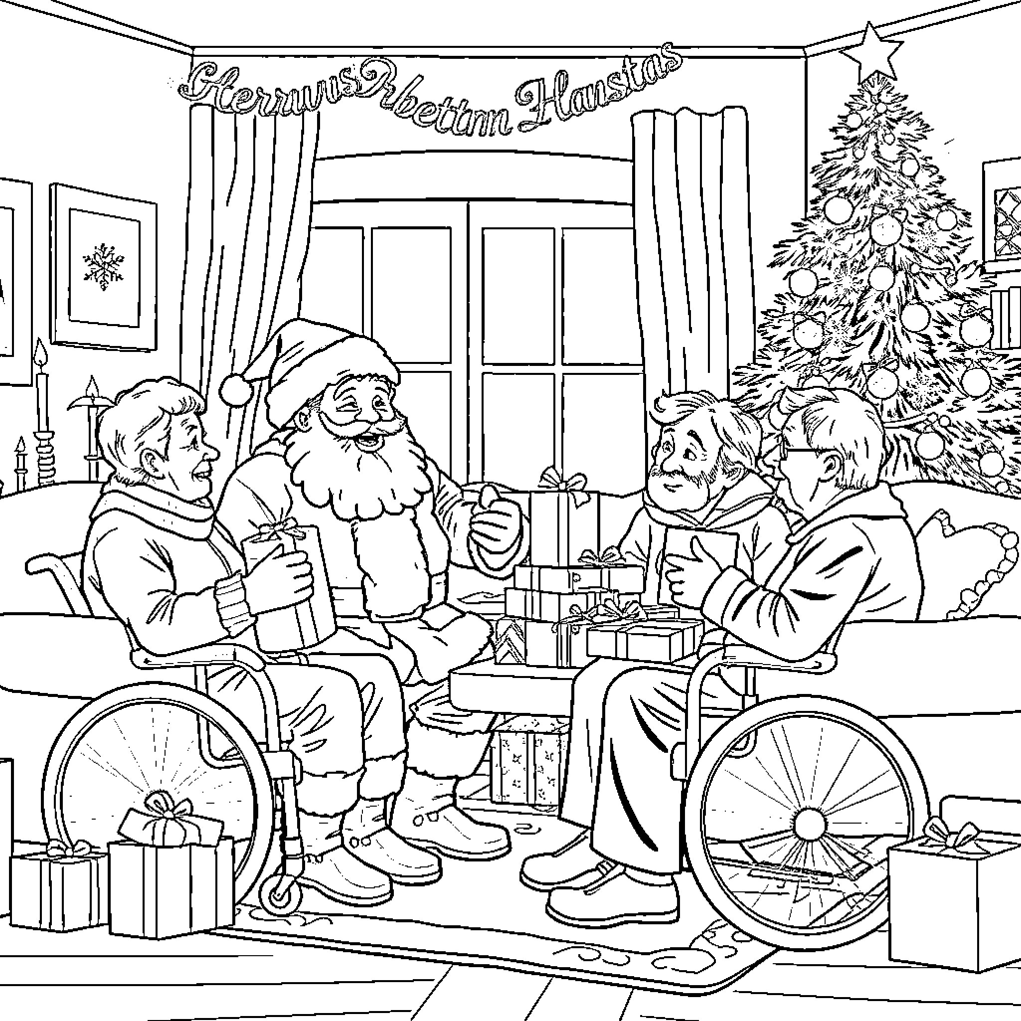 Santa Claus visiting disabled children on Christmas Coloring Page (free black-and-white line drawing printable PDF for all, from beginners to advanced learners, including children, teens, adults, and seniors)