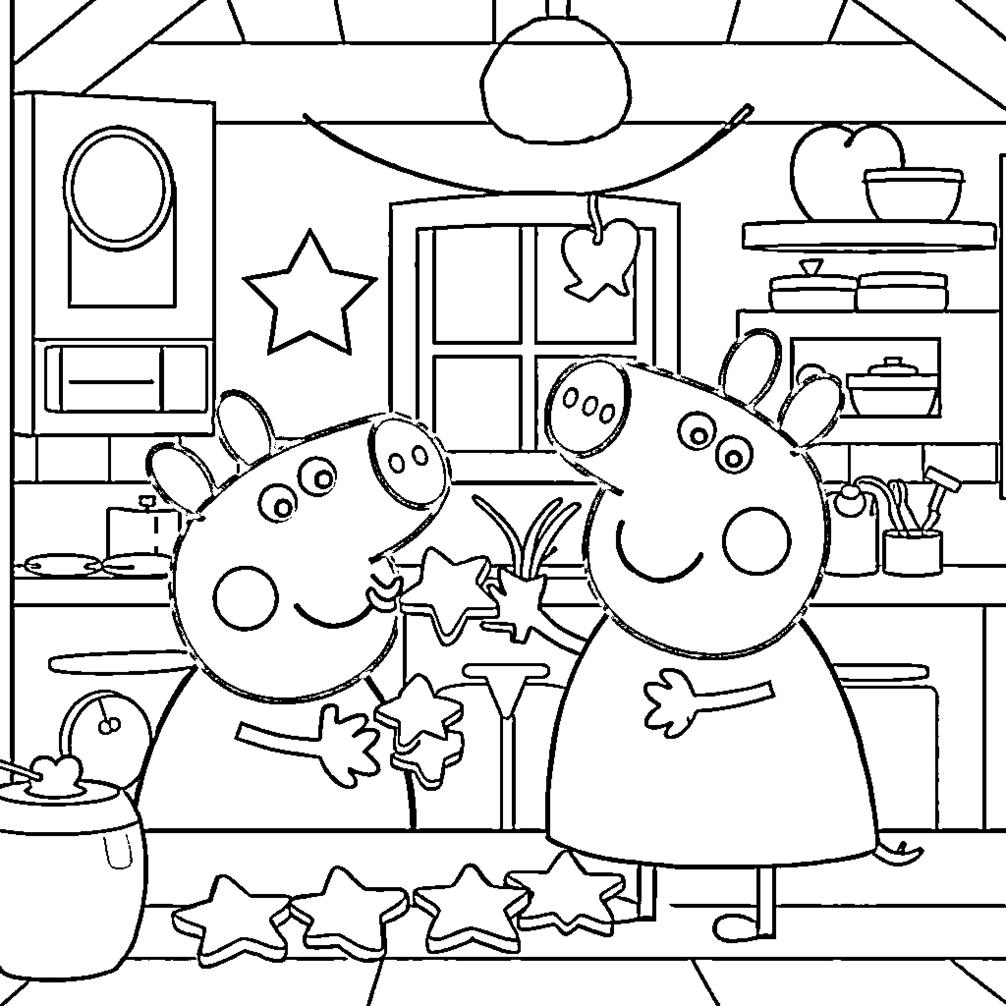 Peppa Pig and George Pig playing with stars at home Coloring Page (free black-and-white line drawing printable PDF for all, from beginners to advanced learners, including children, teens, adults, and seniors)