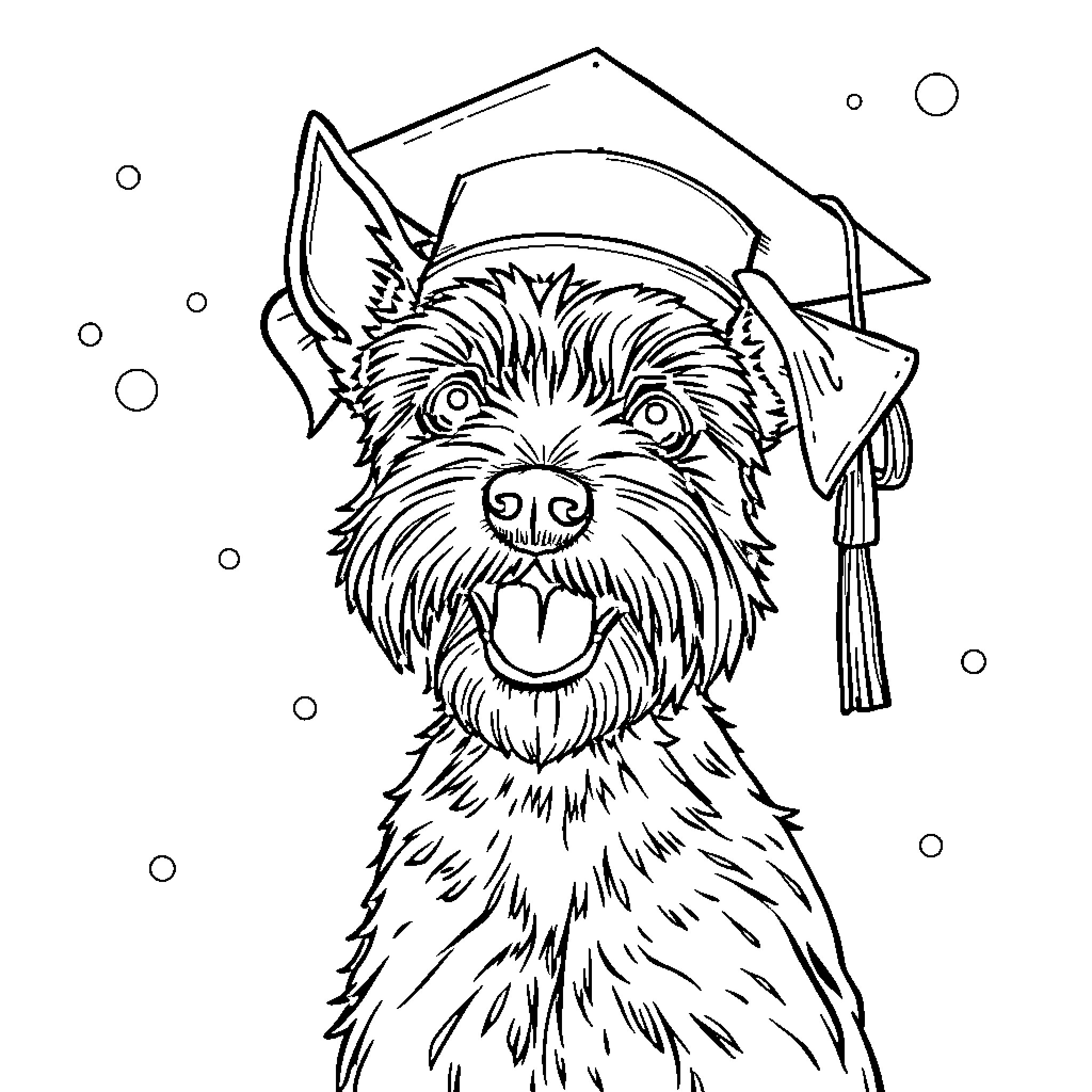 Schnauzer Wearing Graduation Cap Coloring Page (free black-and-white line drawing printable PDF for all, from beginners to advanced learners, including children, teens, adults, and seniors)
