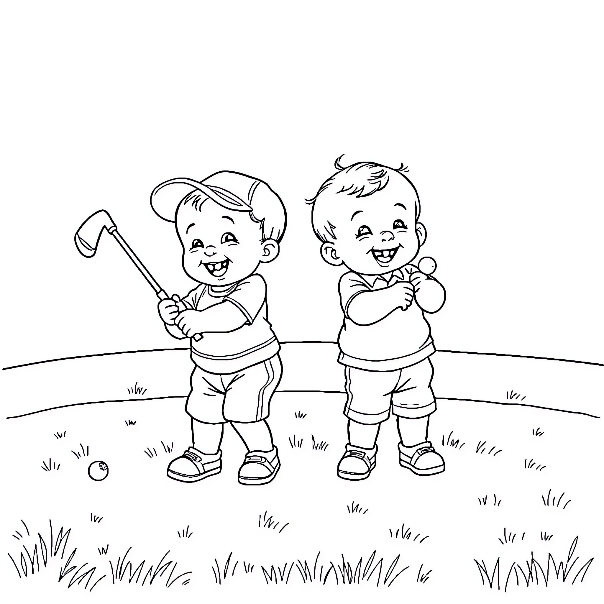 Baby boys playing happily in the field Coloring Page (free black-and-white line drawing printable PDF for all, from beginners to advanced learners, including children, teens, adults, and seniors)