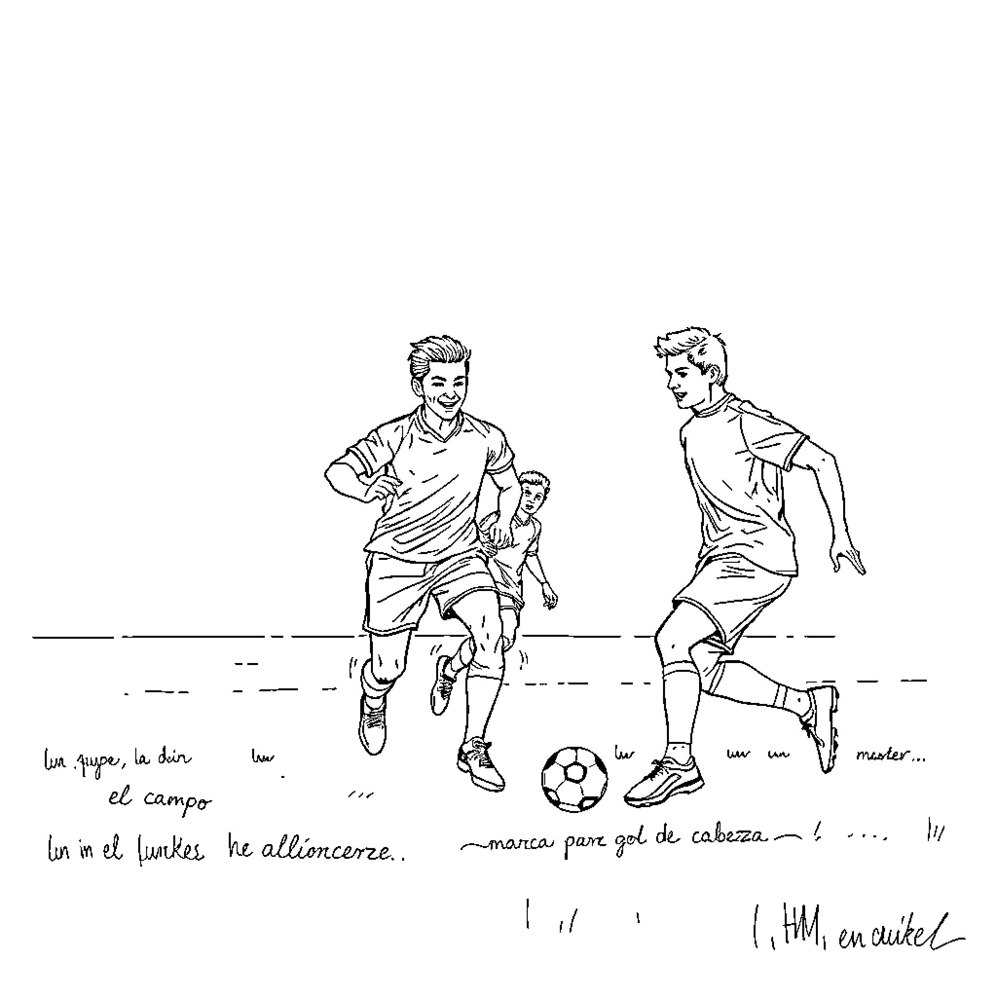 Futbol Players in Action on the Pitch Coloring Page (free black-and-white line drawing printable PDF for all, from beginners to advanced learners, including children, teens, adults, and seniors)
