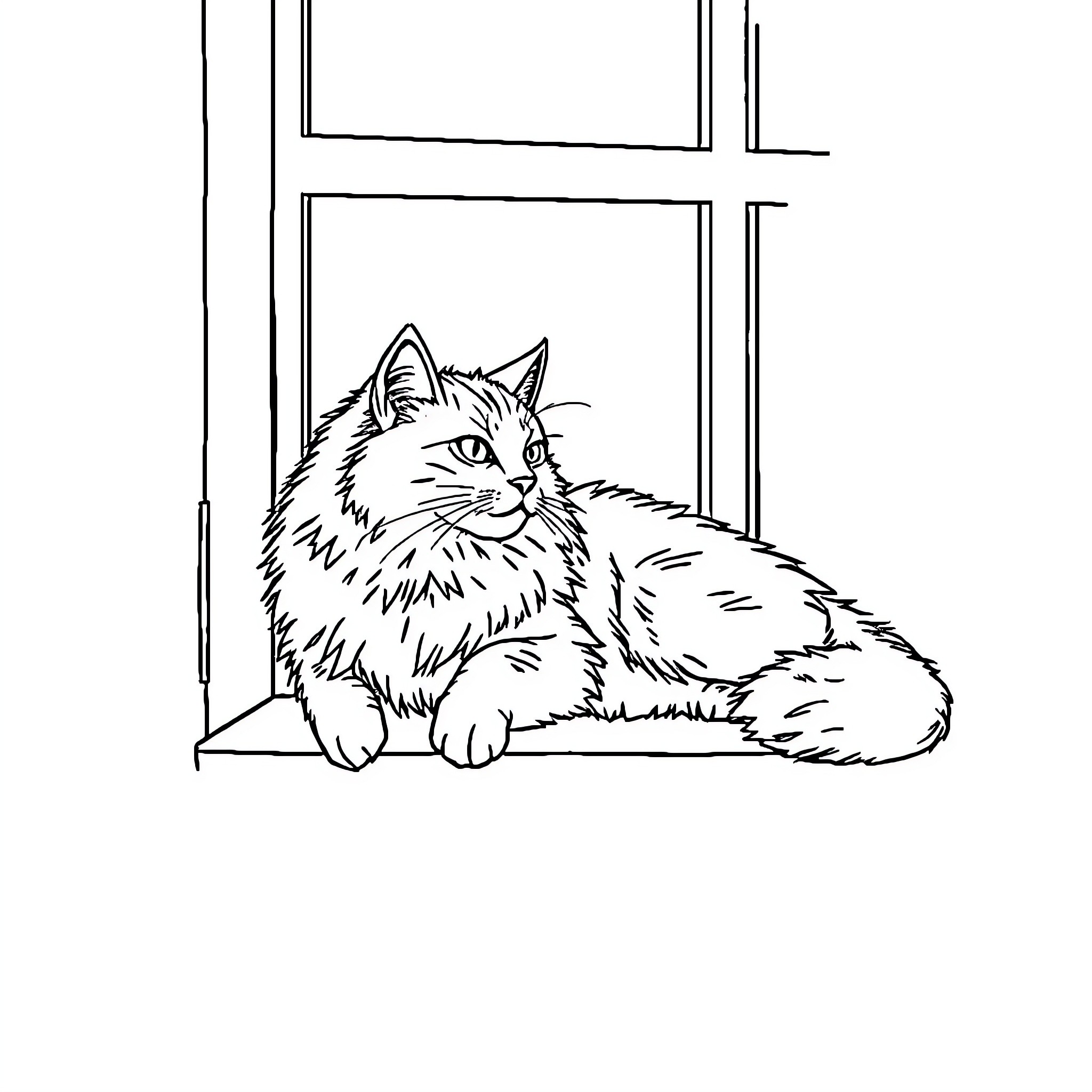 Cat resting peacefully by the window Coloring Page (free black-and-white line drawing printable PDF for all, from beginners to advanced learners, including children, teens, adults, and seniors)