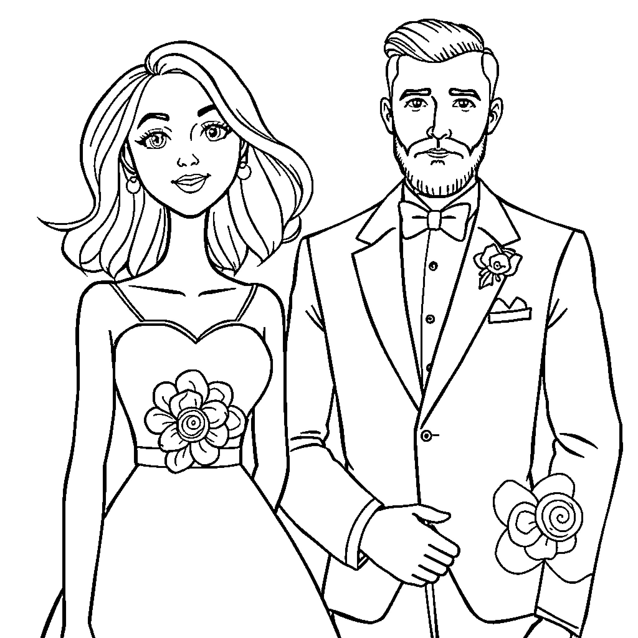 Bride and Groom Celebrating Their Wedding Day Coloring Page (free black-and-white line drawing printable PDF for all, from beginners to advanced learners, including children, teens, adults, and seniors)
