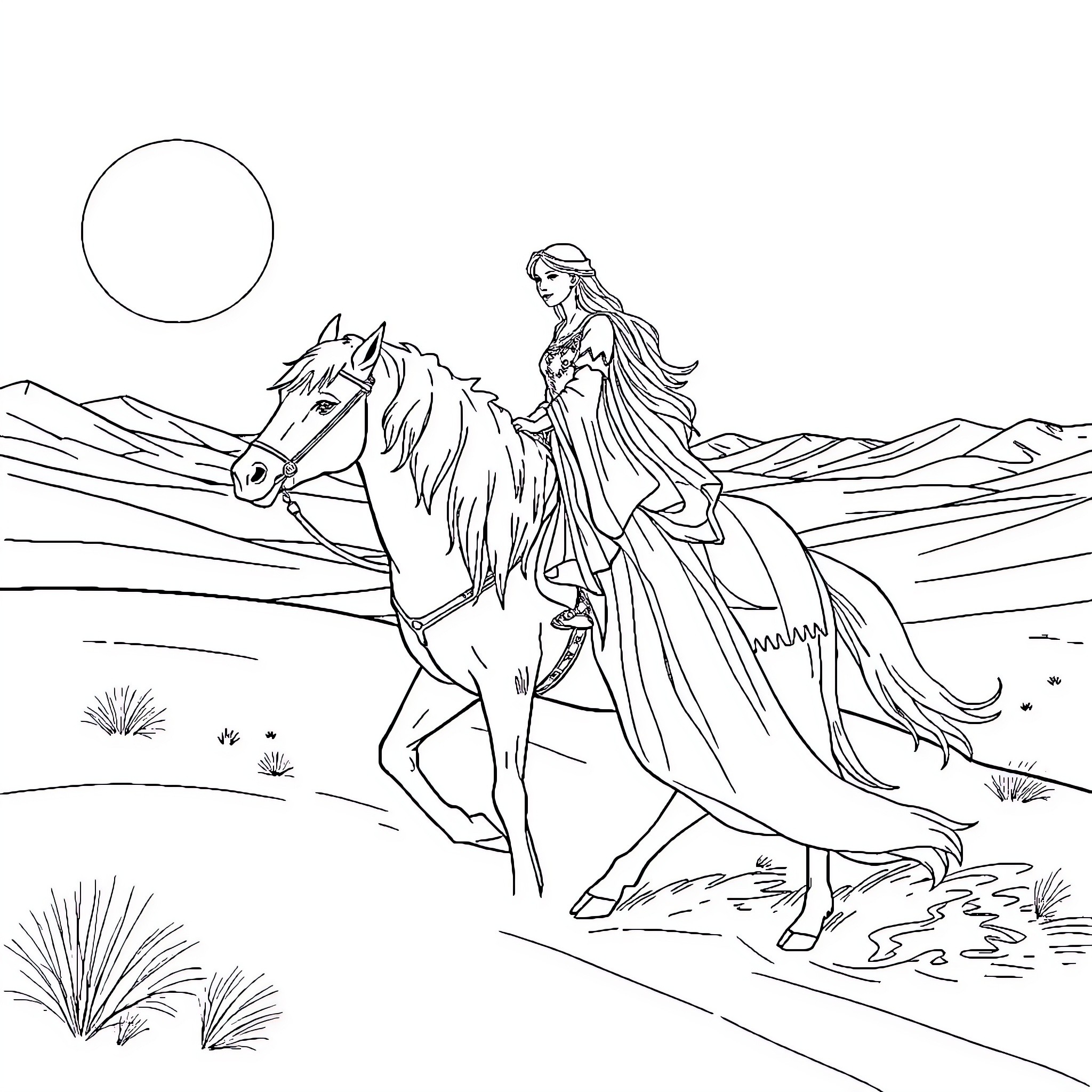 Queen riding a majestic horse through the countryside Coloring Page (free black-and-white line drawing printable PDF for all, from beginners to advanced learners, including children, teens, adults, and seniors)