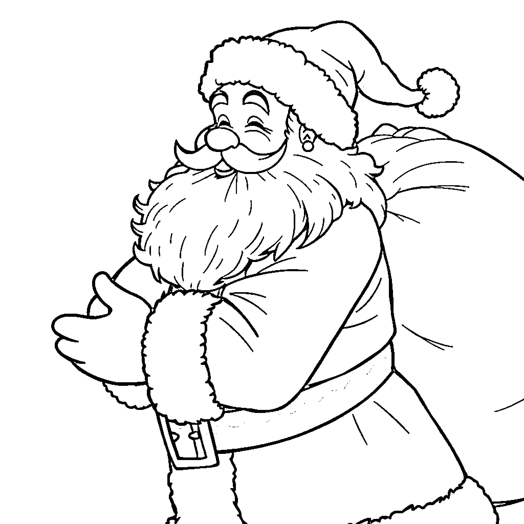 Santa Claus in festive outfit and pose Coloring Page (free black-and-white line drawing printable PDF for all, from beginners to advanced learners, including children, teens, adults, and seniors)