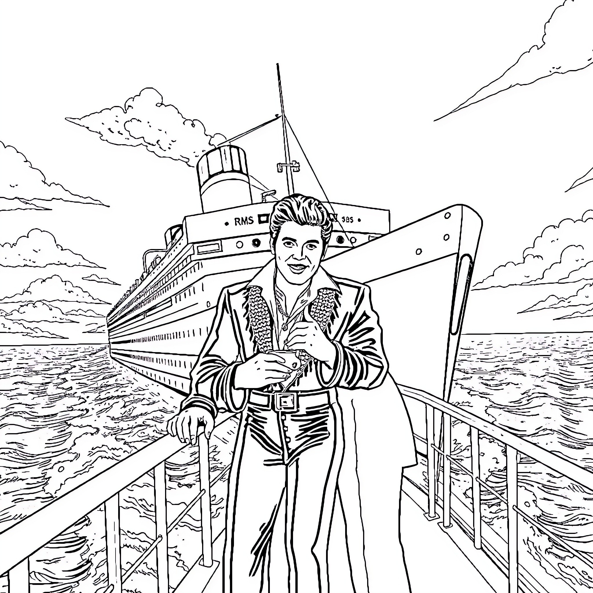 Boy standing on deck of ocean liner with ship in background Coloring Page (free black-and-white line drawing printable PDF for all, from beginners to advanced learners, including children, teens, adults, and seniors)