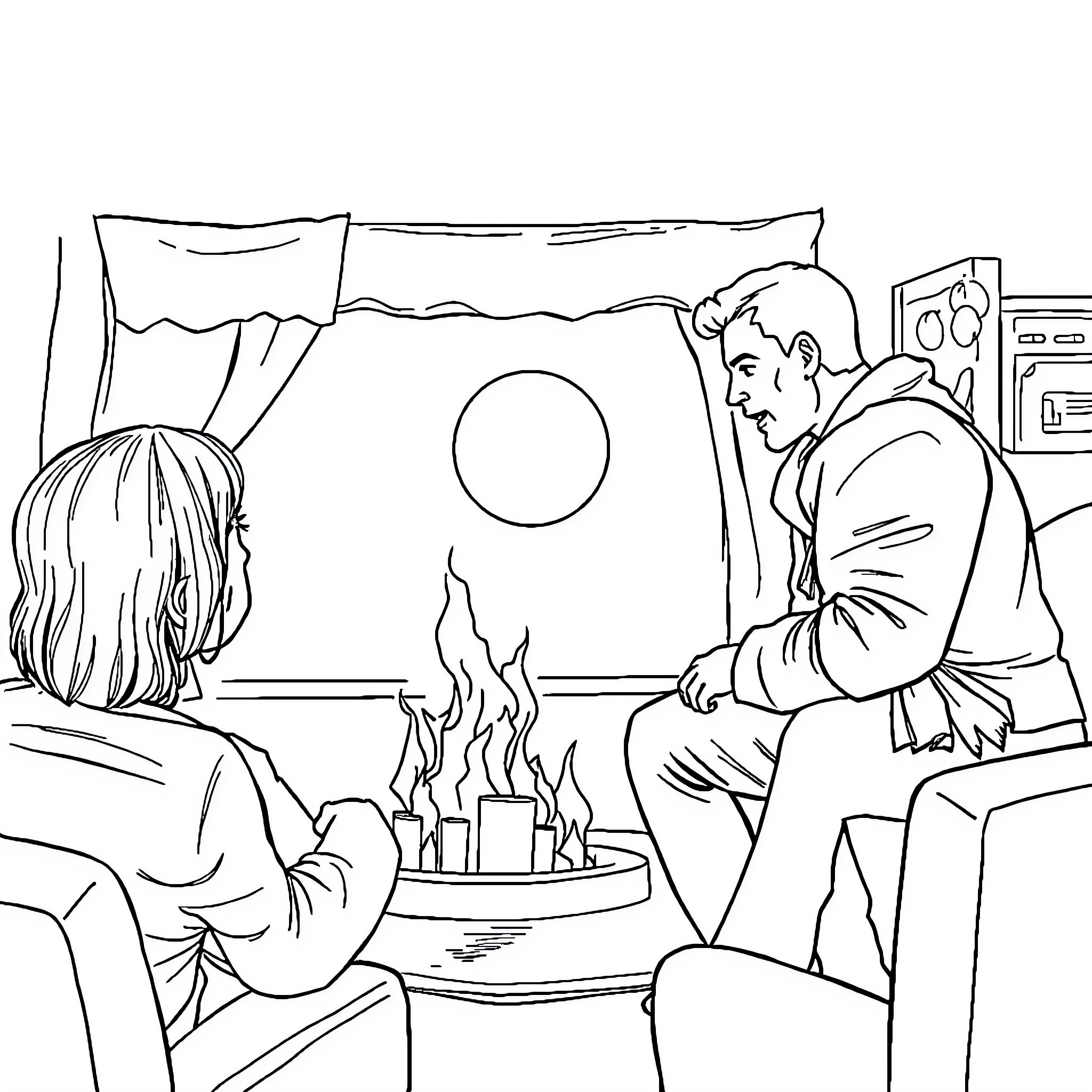 P5 Two friends relaxing near a fireplace Coloring Page (free black-and-white line drawing printable PDF for all, from beginners to advanced learners, including children, teens, adults, and seniors)