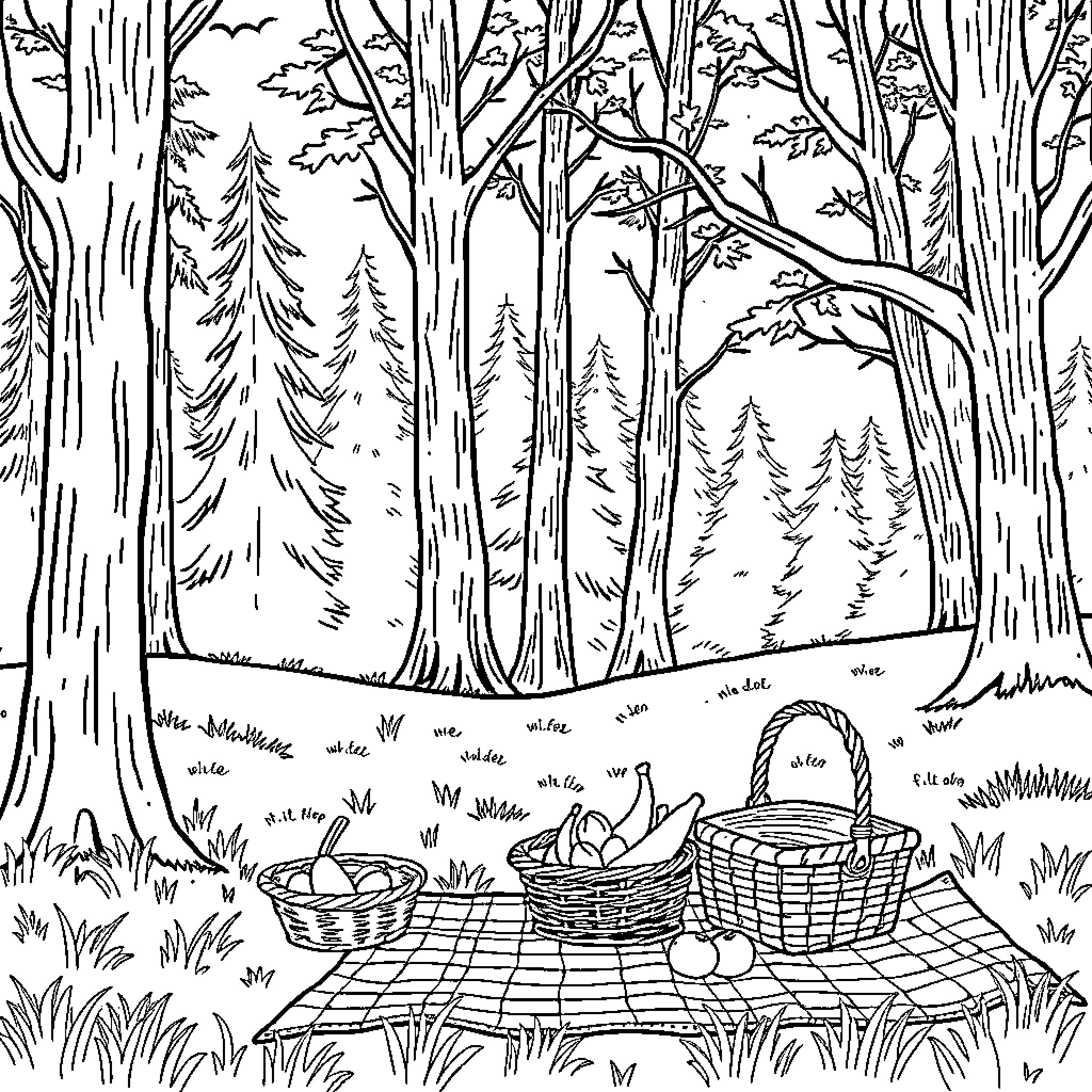 Forest Picnic Tranquil Setting Coloring Page (free black-and-white line drawing printable PDF for all, from beginners to advanced learners, including children, teens, adults, and seniors)