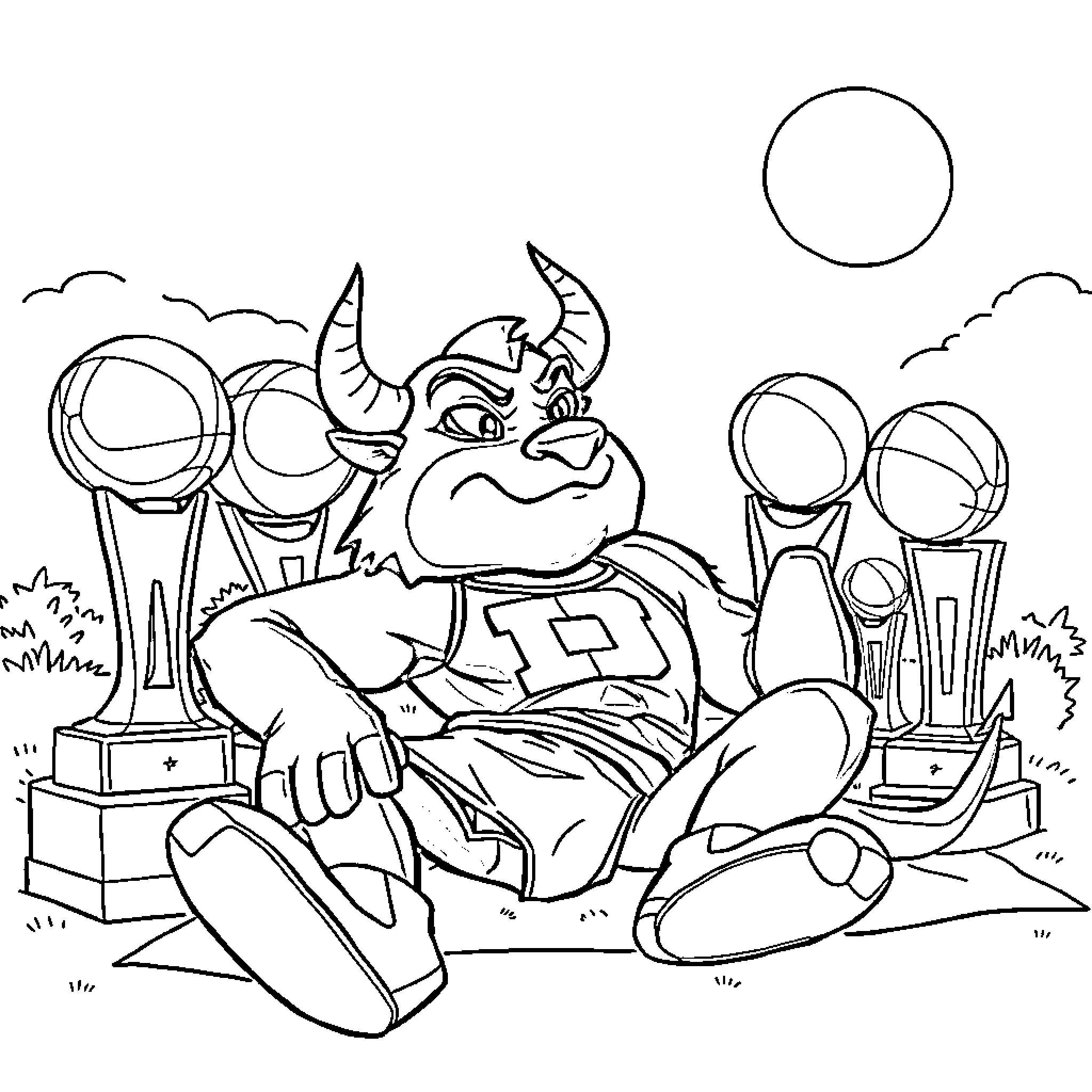 Duke Blue Devil's Triumphant Victory Celebration Coloring Page (free black-and-white line drawing printable PDF for all, from beginners to advanced learners, including children, teens, adults, and seniors)