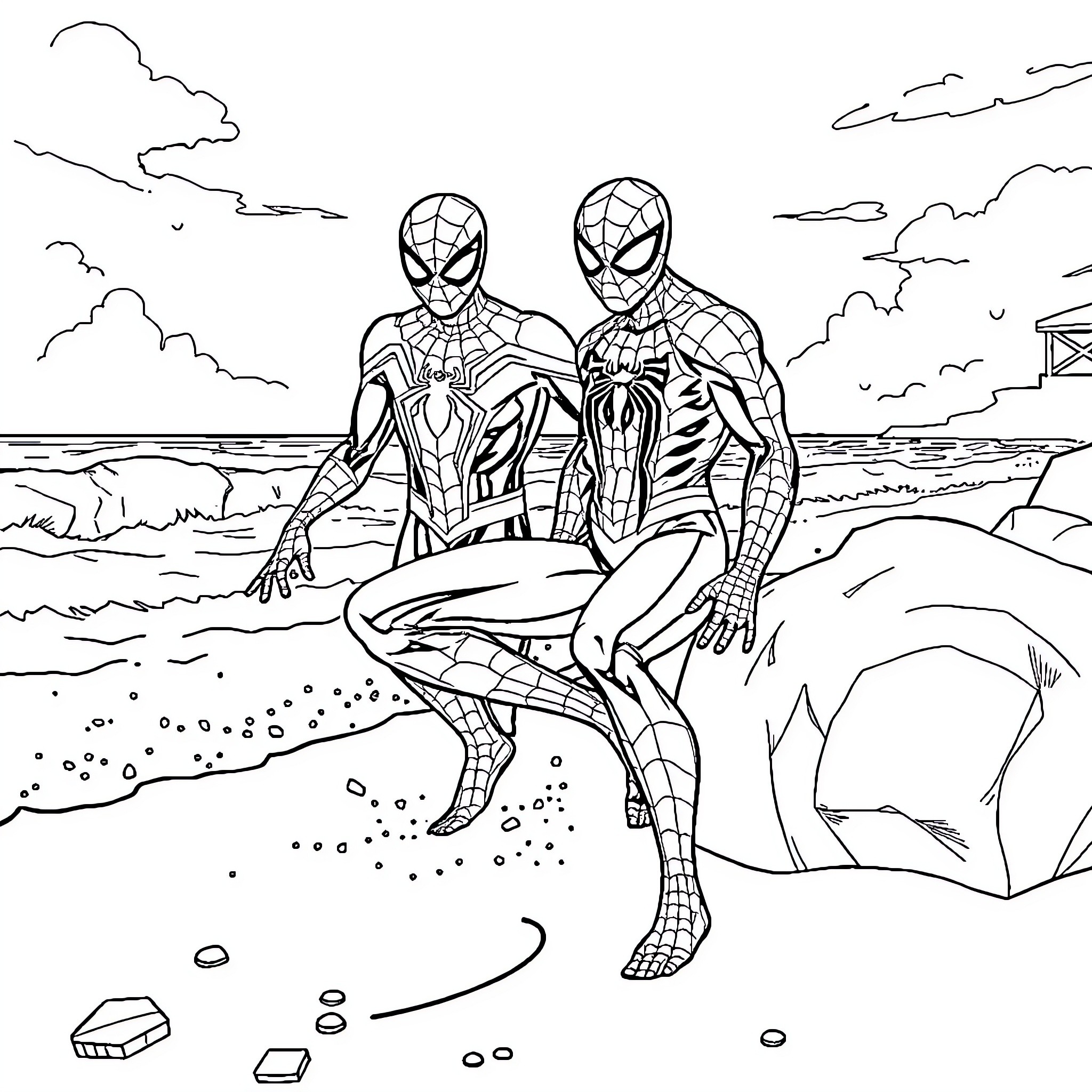 Spiderman duo in action at the beach Coloring Page (free black-and-white line drawing printable PDF for all, from beginners to advanced learners, including children, teens, adults, and seniors)