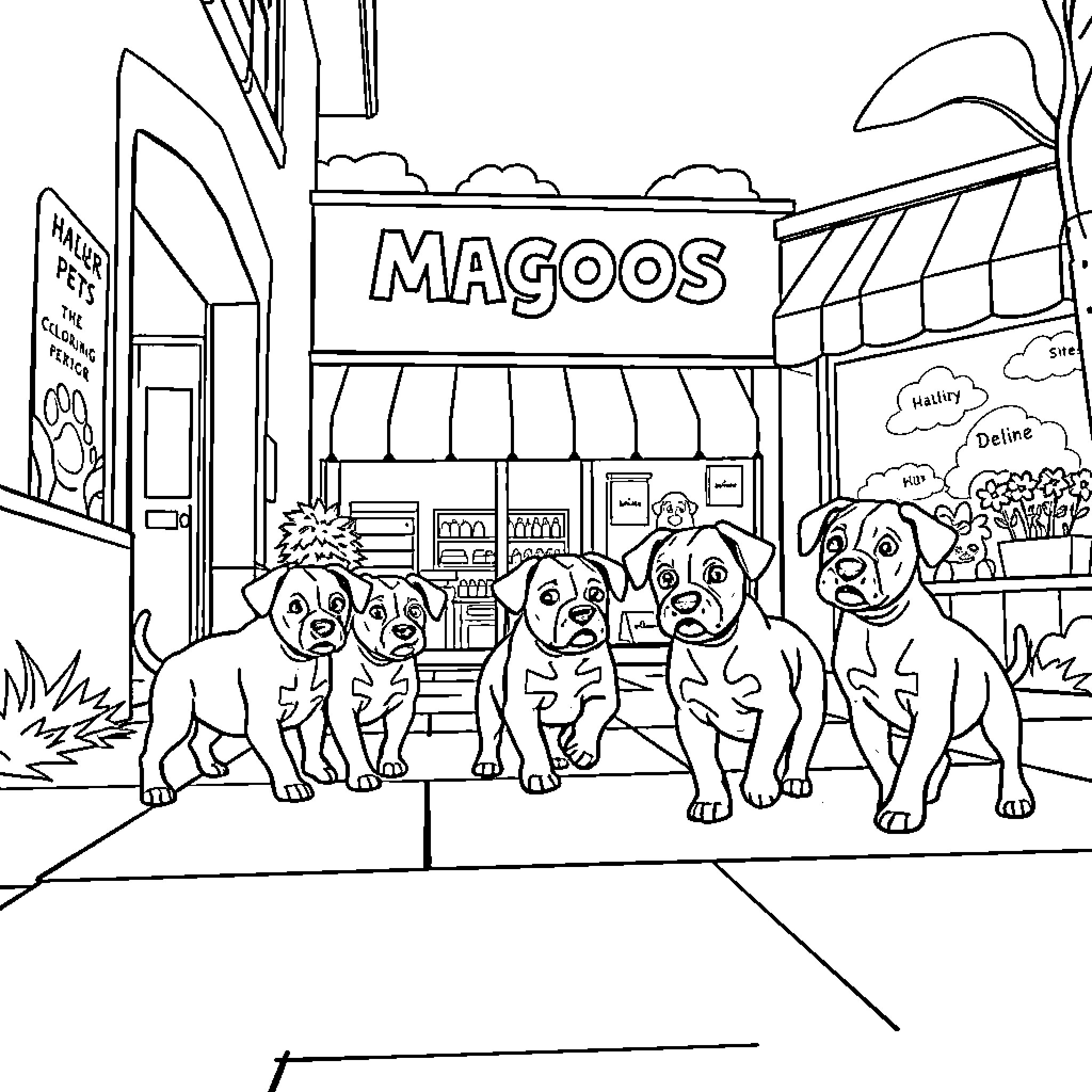 Puppies playing outside a pet store Coloring Page (free black-and-white line drawing printable PDF for all, from beginners to advanced learners, including children, teens, adults, and seniors)