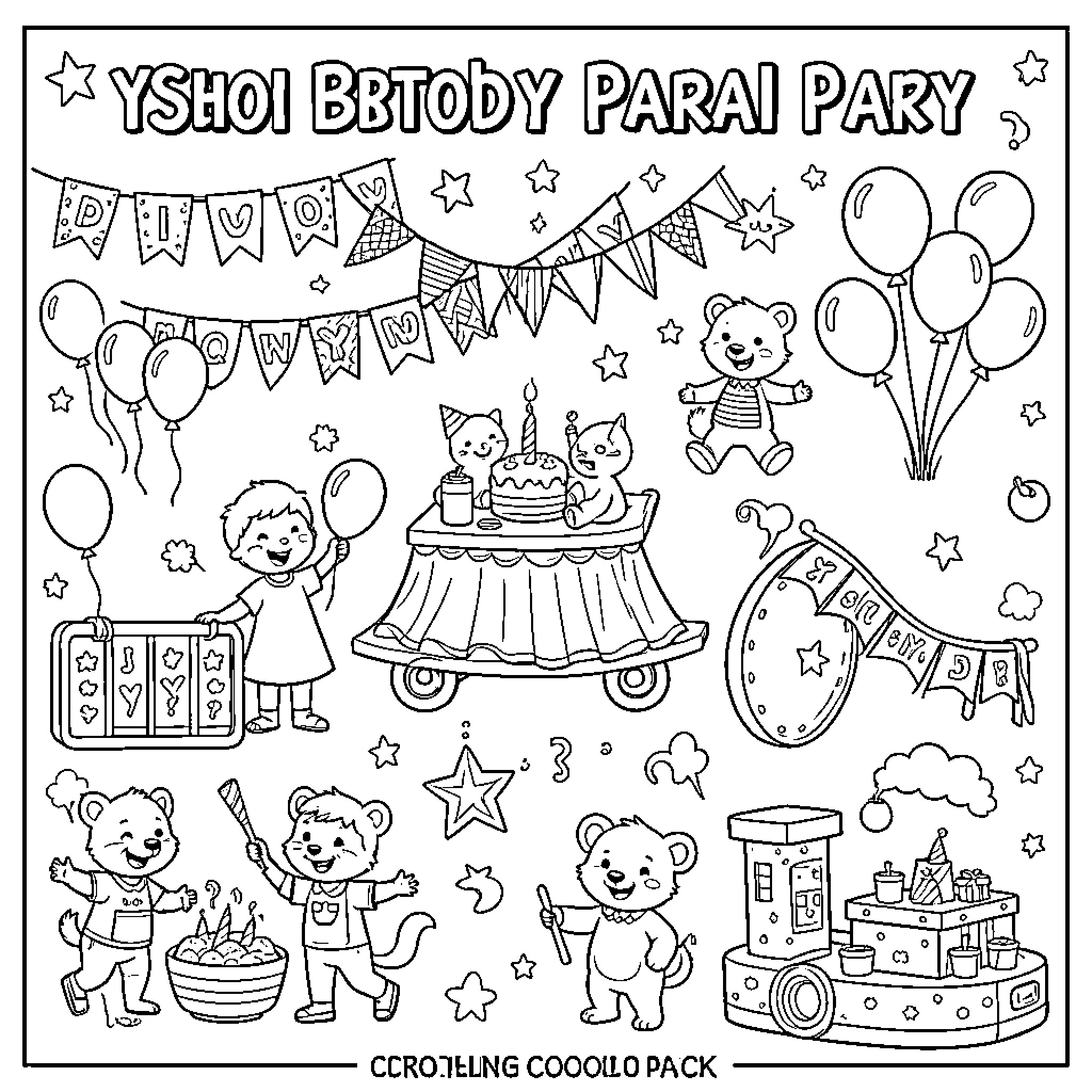 Birthday Party with Toys and Decorations Coloring Page (free black-and-white line drawing printable PDF for all, from beginners to advanced learners, including children, teens, adults, and seniors)