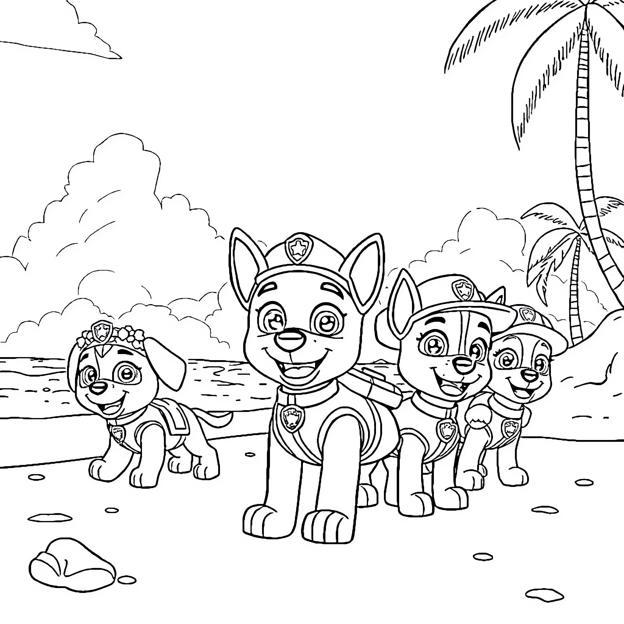 Bluey and the Paw Patrol Pups on a Beach Adventure Coloring Page (free black-and-white line drawing printable PDF for all, from beginners to advanced learners, including children, teens, adults, and seniors)