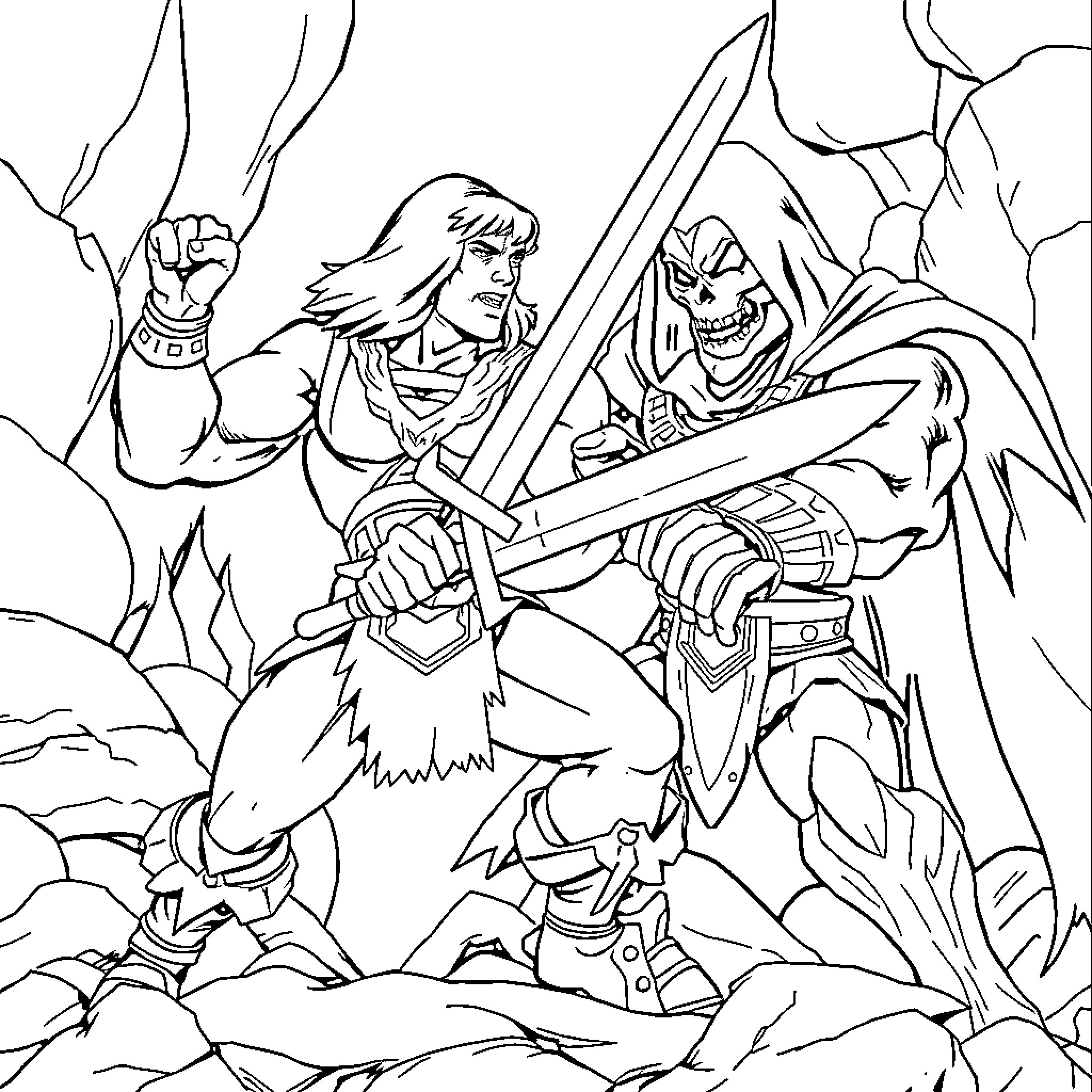 He-Man in an epic battle with a formidable foe Coloring Page (free black-and-white line drawing printable PDF for all, from beginners to advanced learners, including children, teens, adults, and seniors)