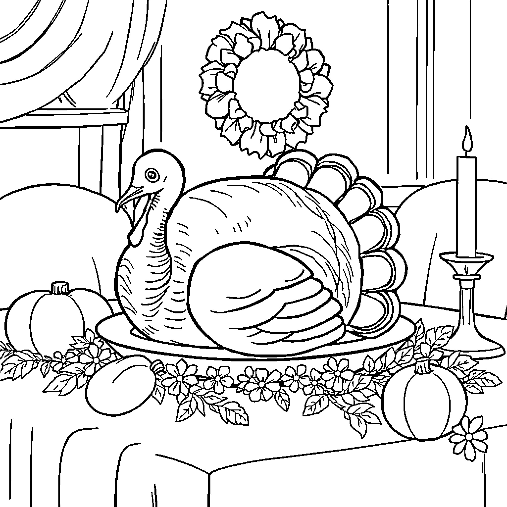 Turkey decorations and festive arrangement Coloring Page (free black-and-white line drawing printable PDF for all, from beginners to advanced learners, including children, teens, adults, and seniors)