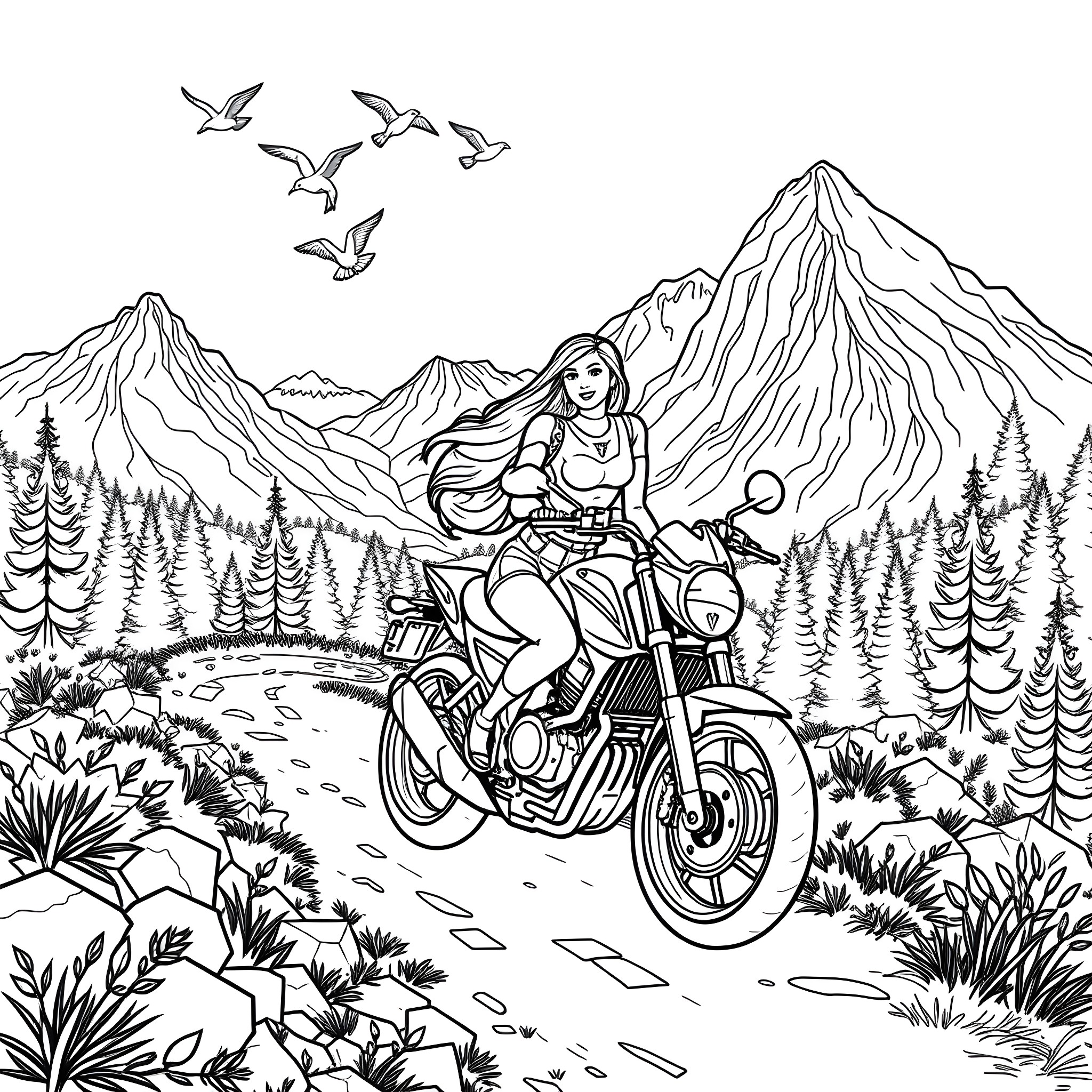 Barbie riding motorcycle through scenic mountain landscape Coloring Page (free black-and-white line drawing printable PDF for all, from beginners to advanced learners, including children, teens, adults, and seniors)