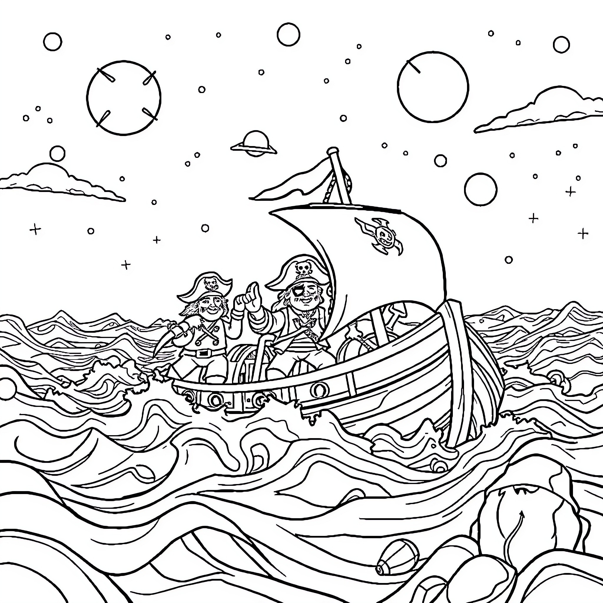 One Piece Pirates Sailing on the High Seas Coloring Page (free black-and-white line drawing printable PDF for all, from beginners to advanced learners, including children, teens, adults, and seniors)