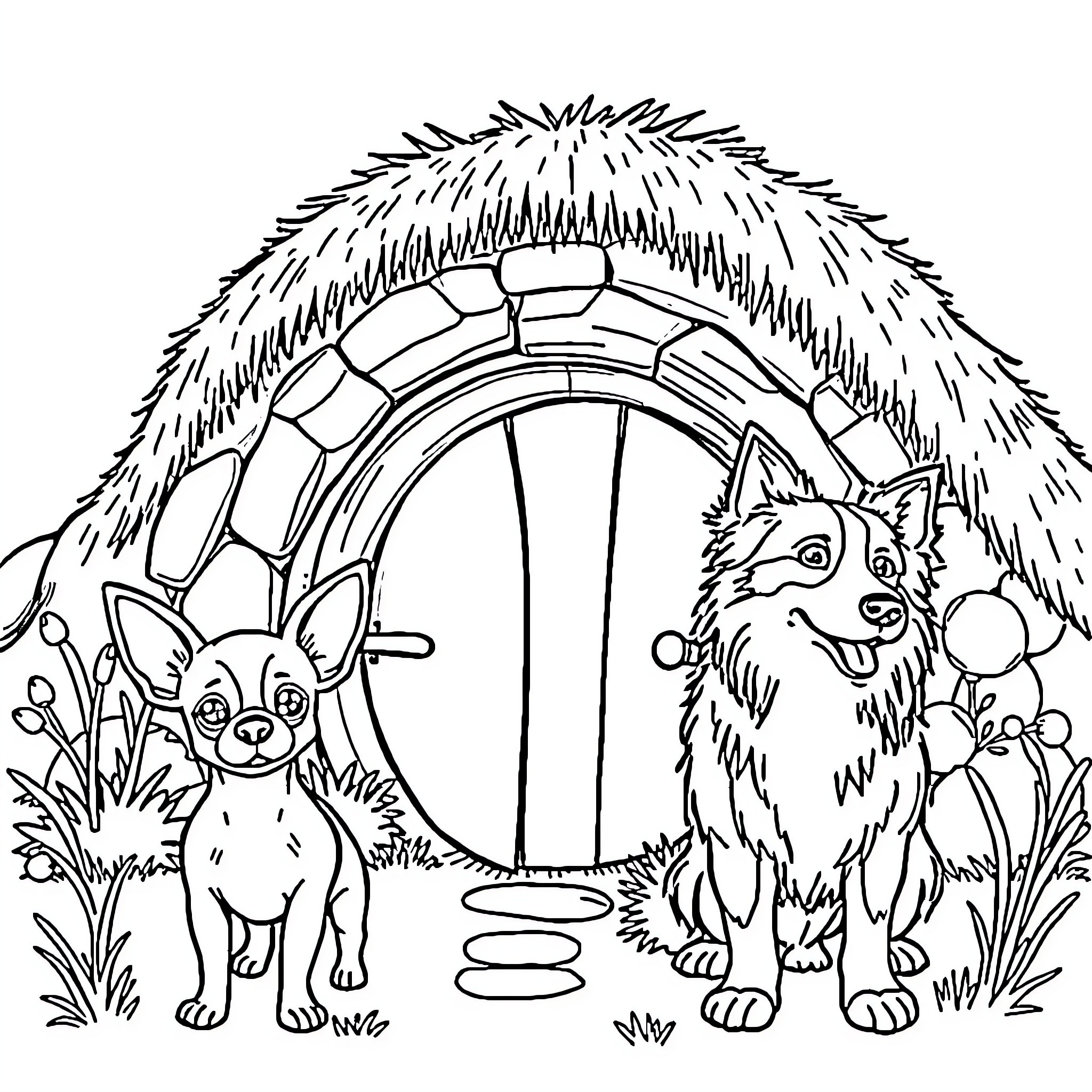 Dog and puppies exploring a cozy igloo Coloring Page (free black-and-white line drawing printable PDF for all, from beginners to advanced learners, including children, teens, adults, and seniors)