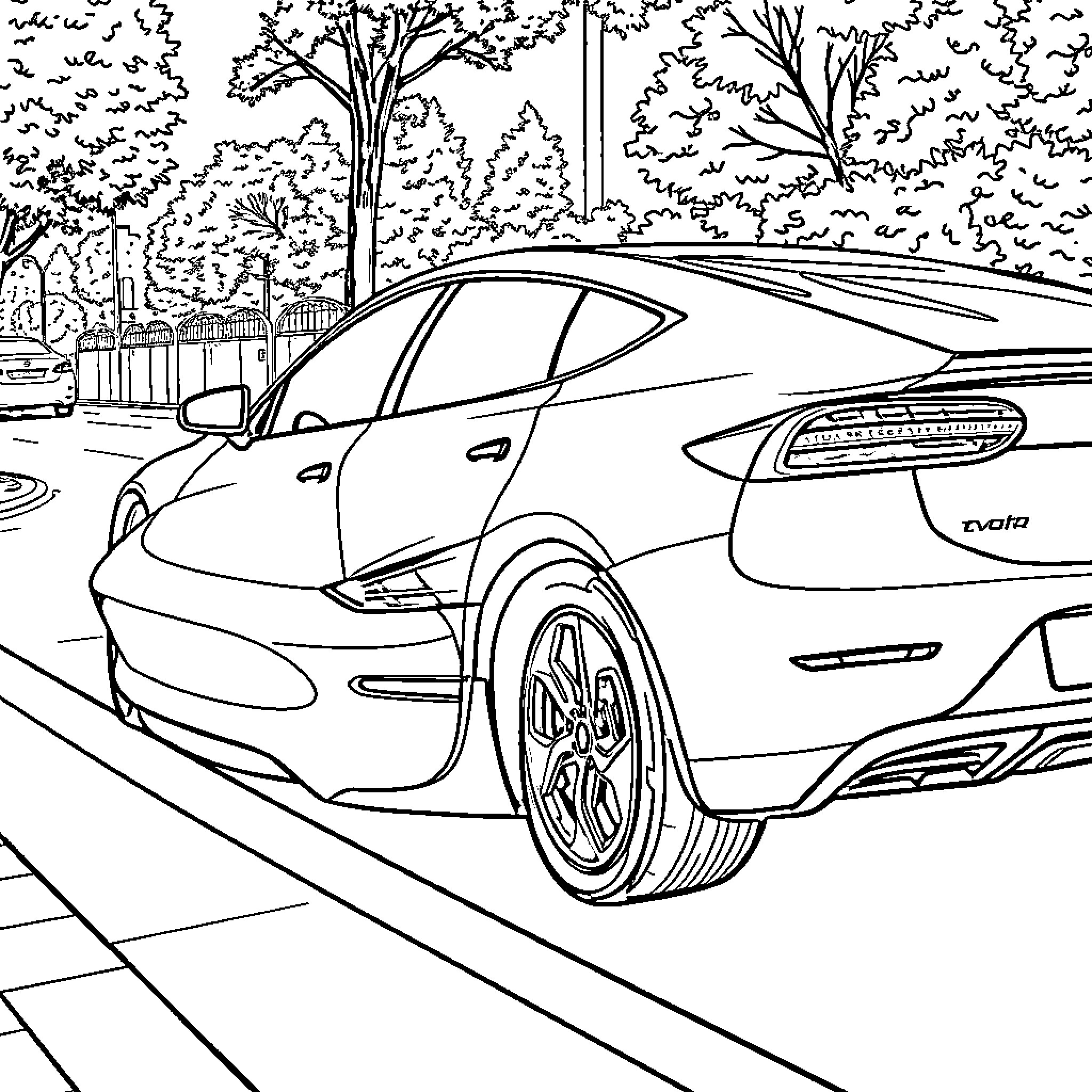 Electric Car Driving on Scenic Road Coloring Page (free black-and-white line drawing printable PDF for all, from beginners to advanced learners, including children, teens, adults, and seniors)