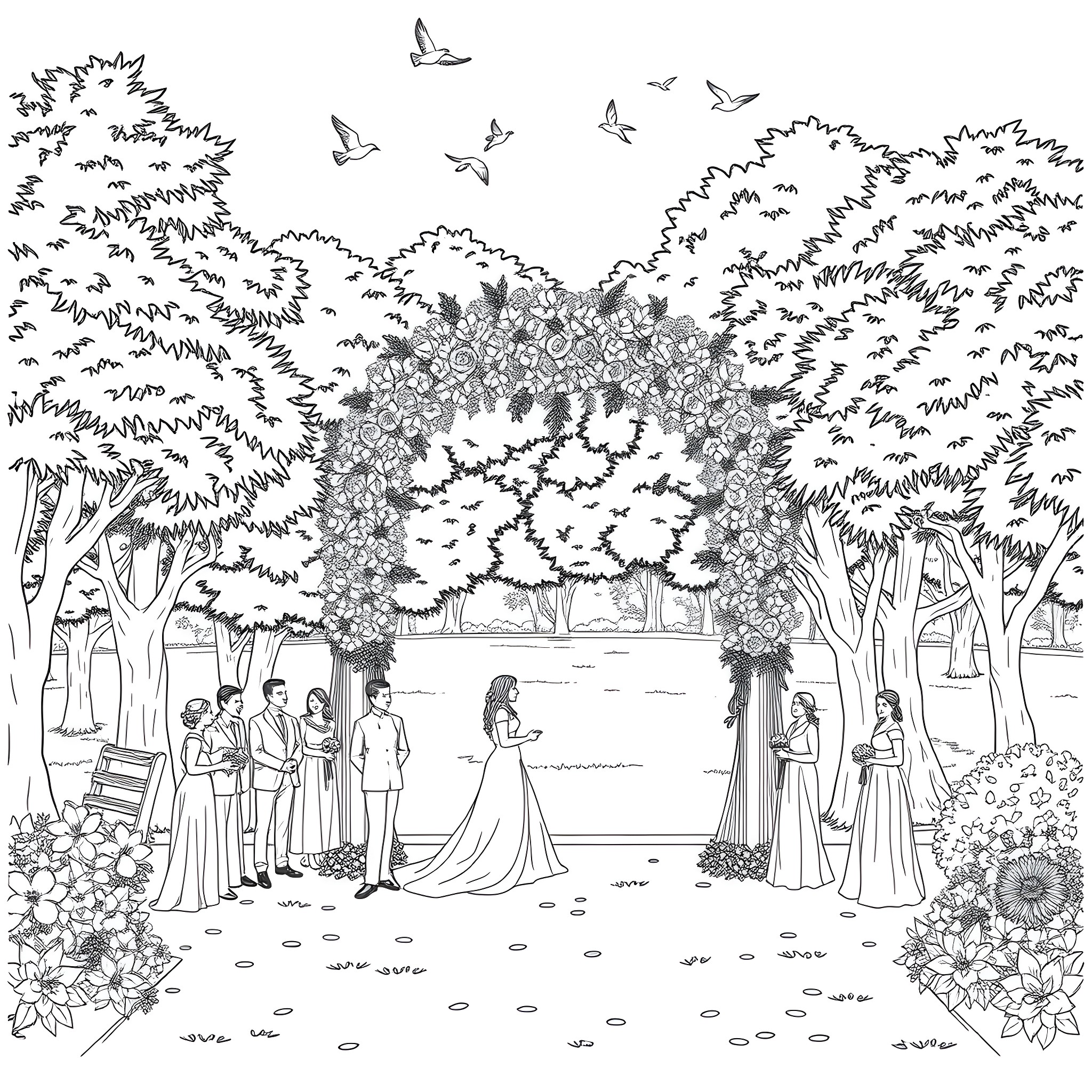 Wedding Ceremony in Floral Garden Coloring Page (free black-and-white line drawing printable PDF for all, from beginners to advanced learners, including children, teens, adults, and seniors)