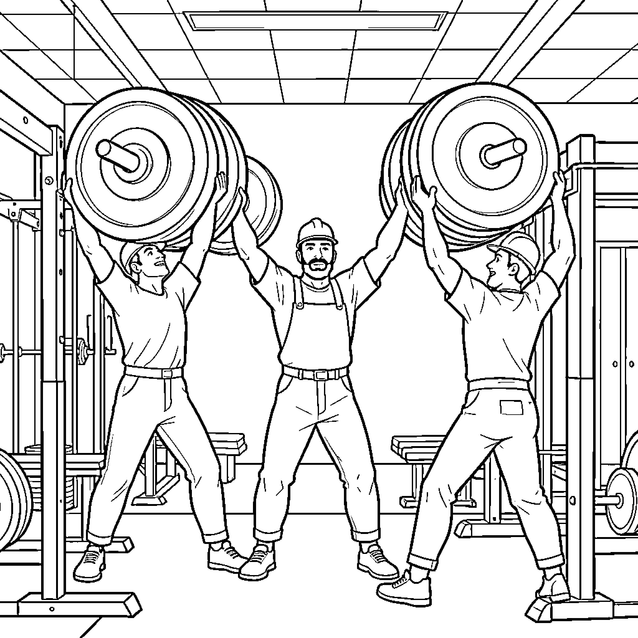 Menuisier lifting heavy weights in a gym setting Coloring Page (free black-and-white line drawing printable PDF for all, from beginners to advanced learners, including children, teens, adults, and seniors)
