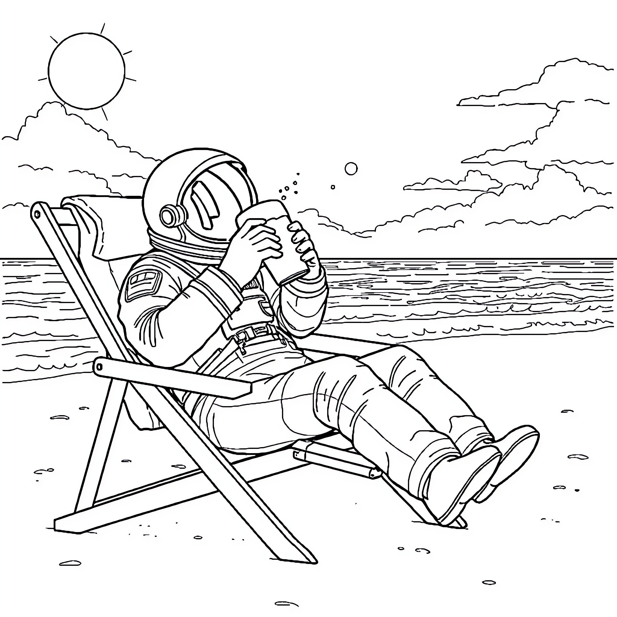 Astronaut relaxing on the beach Coloring Page (free black-and-white line drawing printable PDF for all, from beginners to advanced learners, including children, teens, adults, and seniors)