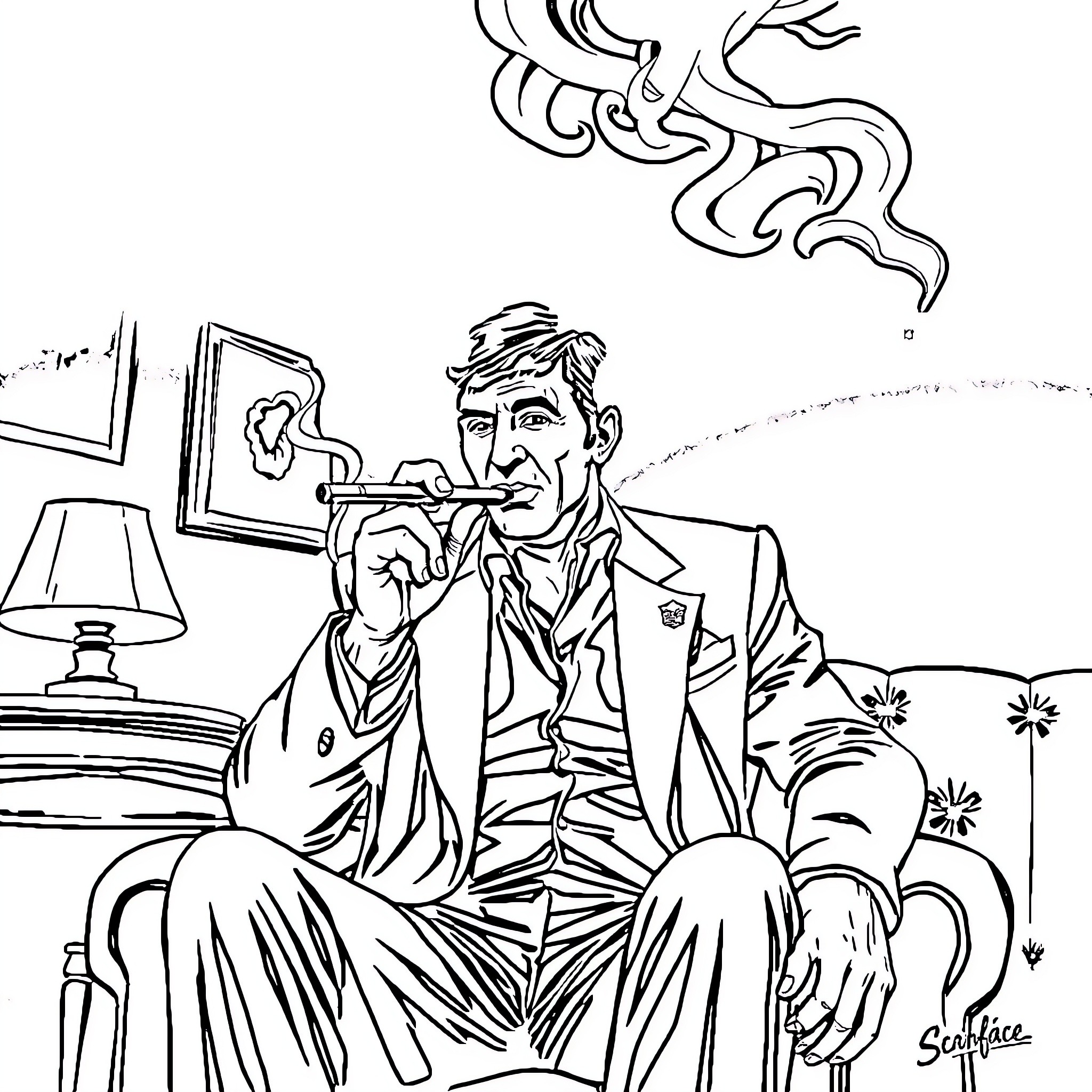 Scarface character in a contemplative pose Coloring Page (free black-and-white line drawing printable PDF for all, from beginners to advanced learners, including children, teens, adults, and seniors)