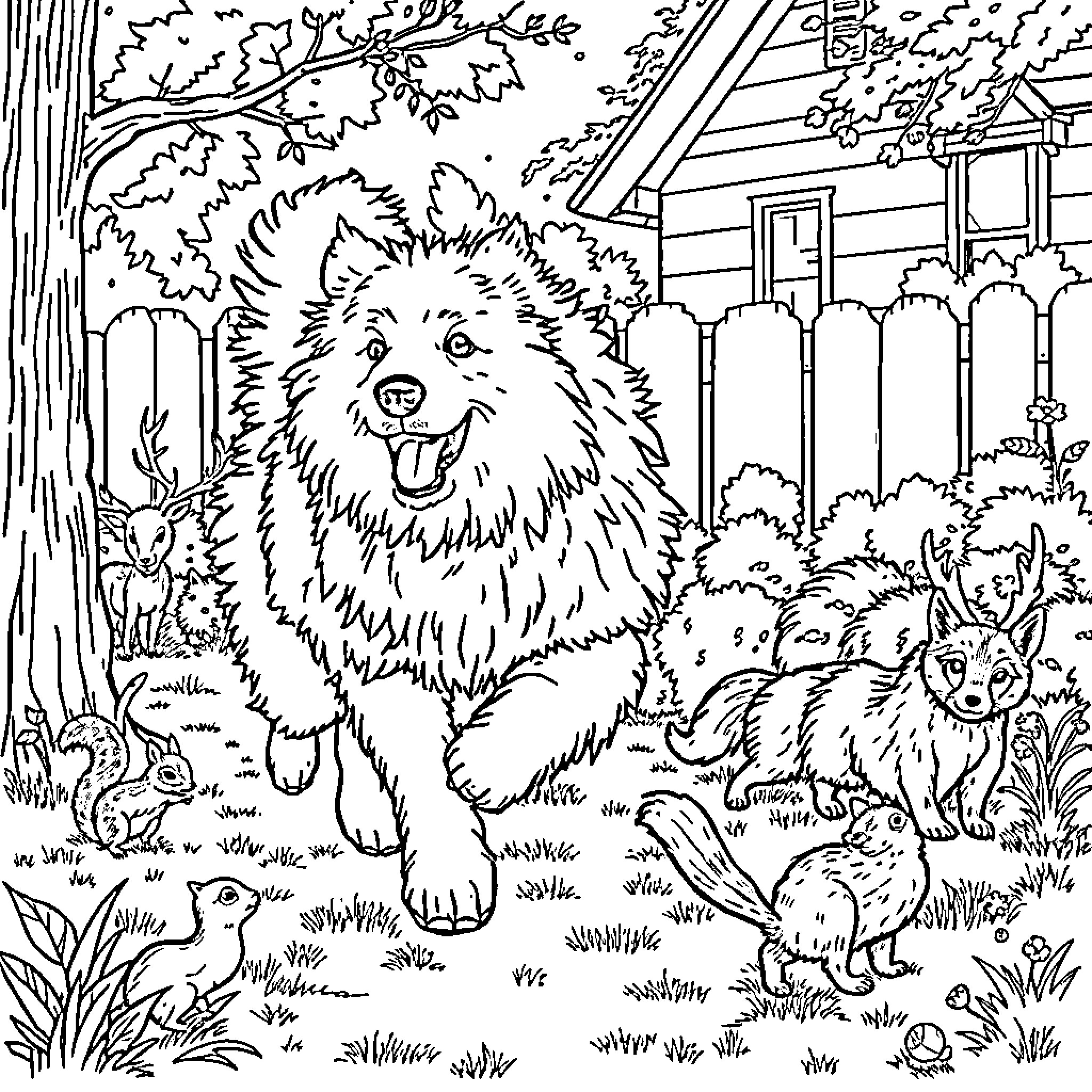Great Pyrenees dog and woodland animals in natural setting Coloring Page (free black-and-white line drawing printable PDF for all, from beginners to advanced learners, including children, teens, adults, and seniors)