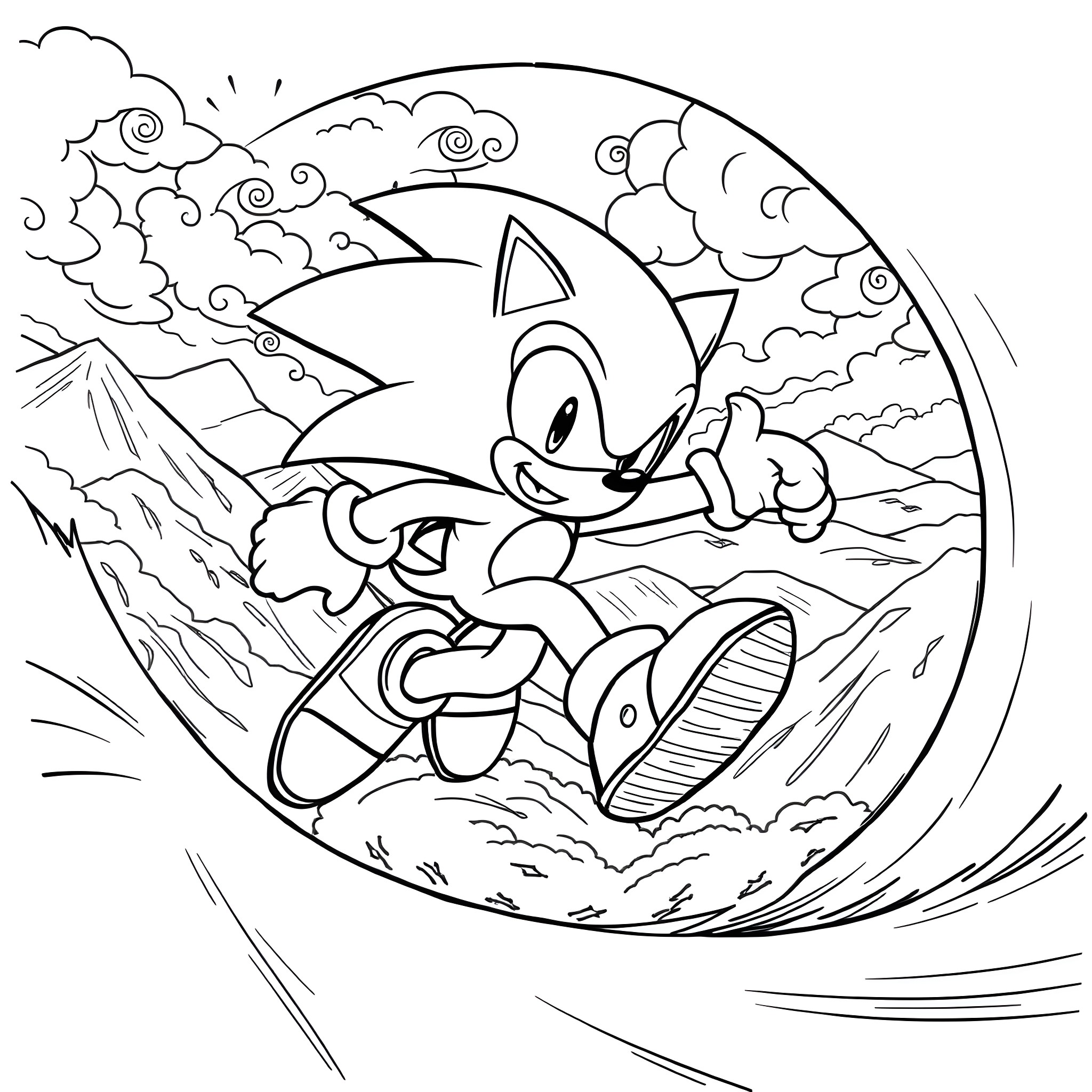 Sonic the Hedgehog running through a scenic landscape Coloring Page (free black-and-white line drawing printable PDF for all, from beginners to advanced learners, including children, teens, adults, and seniors)