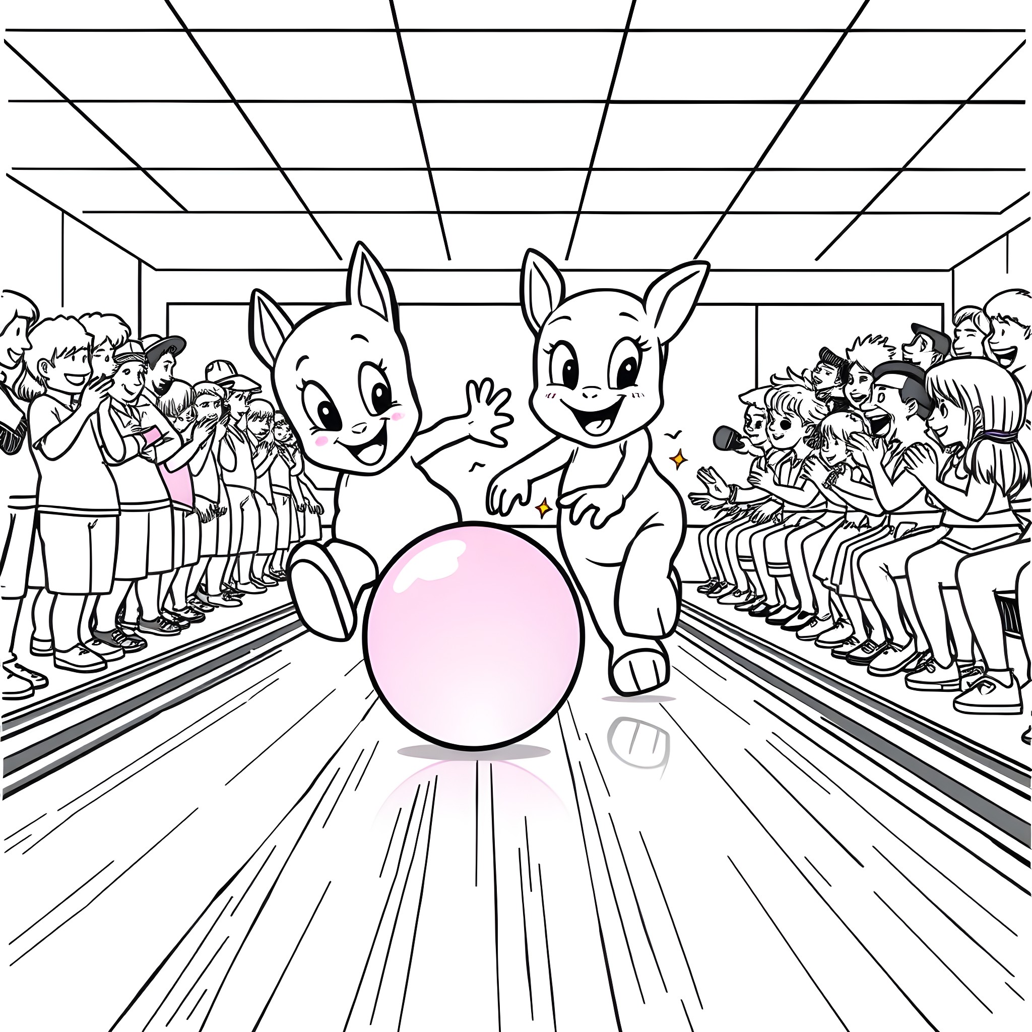 Bluey's Bowling Adventure Coloring Page (free black-and-white line drawing printable PDF for all, from beginners to advanced learners, including children, teens, adults, and seniors)