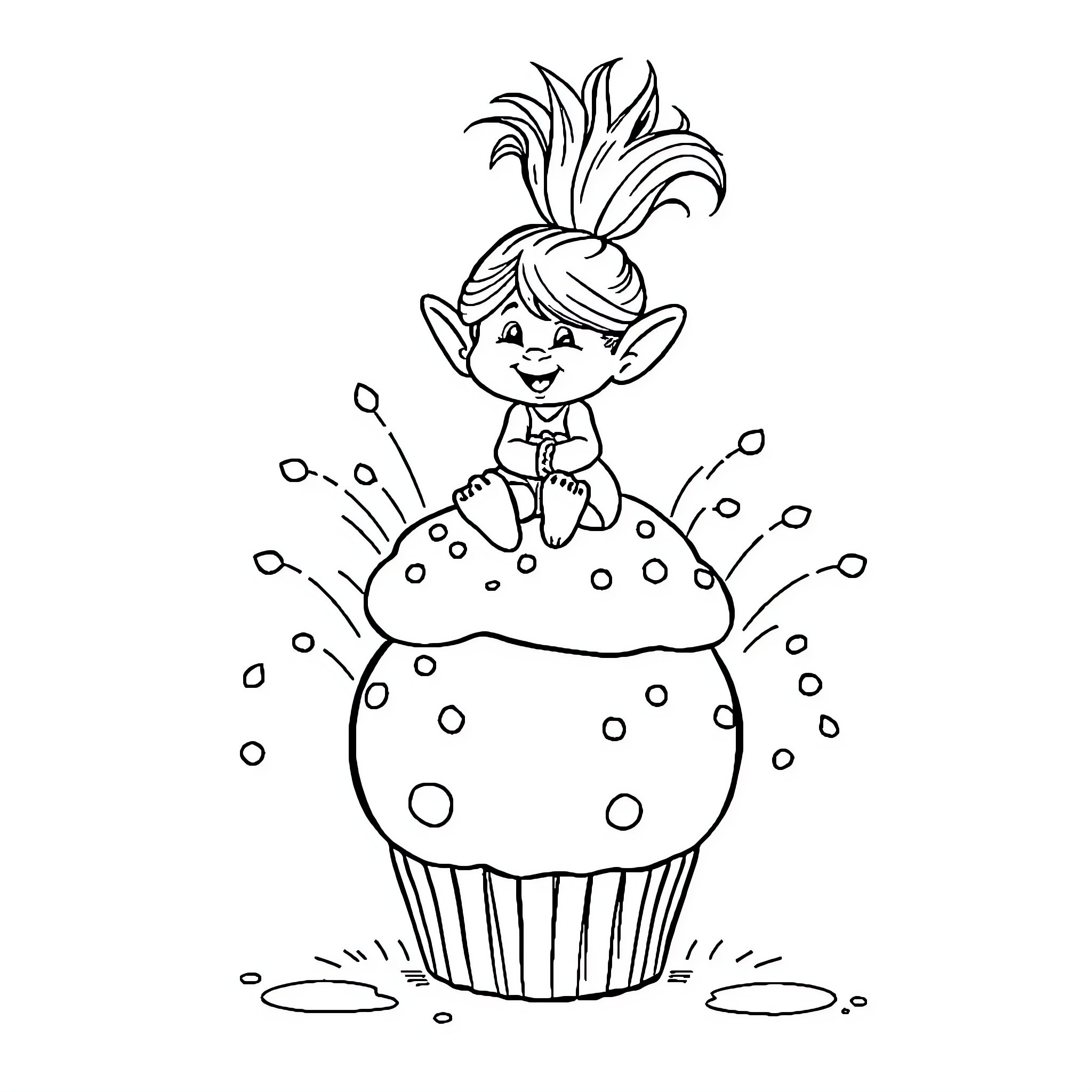 Troll sitting happily on a cupcake Coloring Page (free black-and-white line drawing printable PDF for all, from beginners to advanced learners, including children, teens, adults, and seniors)