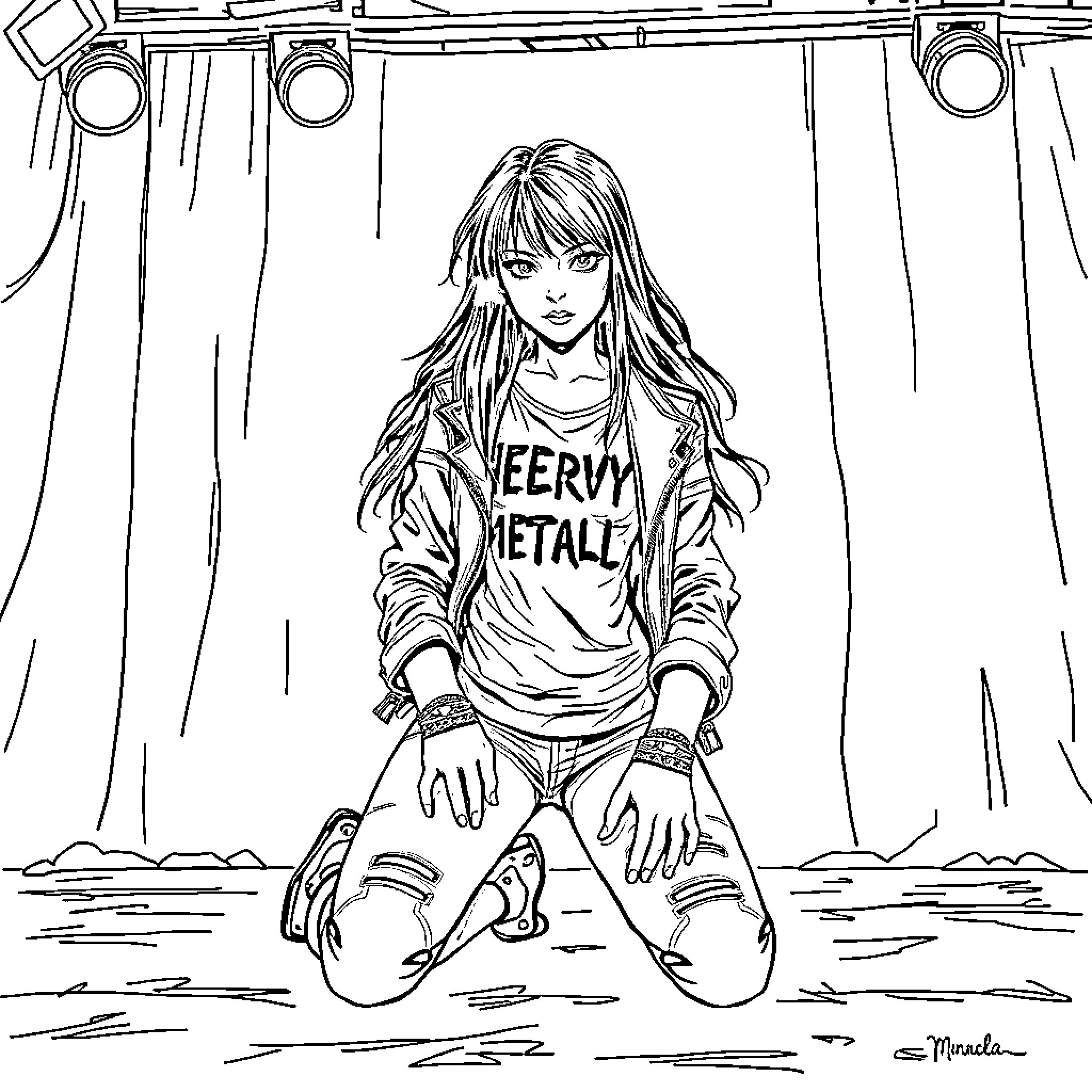 Girl in Edgy Metallic Attire Coloring Page (free black-and-white line drawing printable PDF for all, from beginners to advanced learners, including children, teens, adults, and seniors)