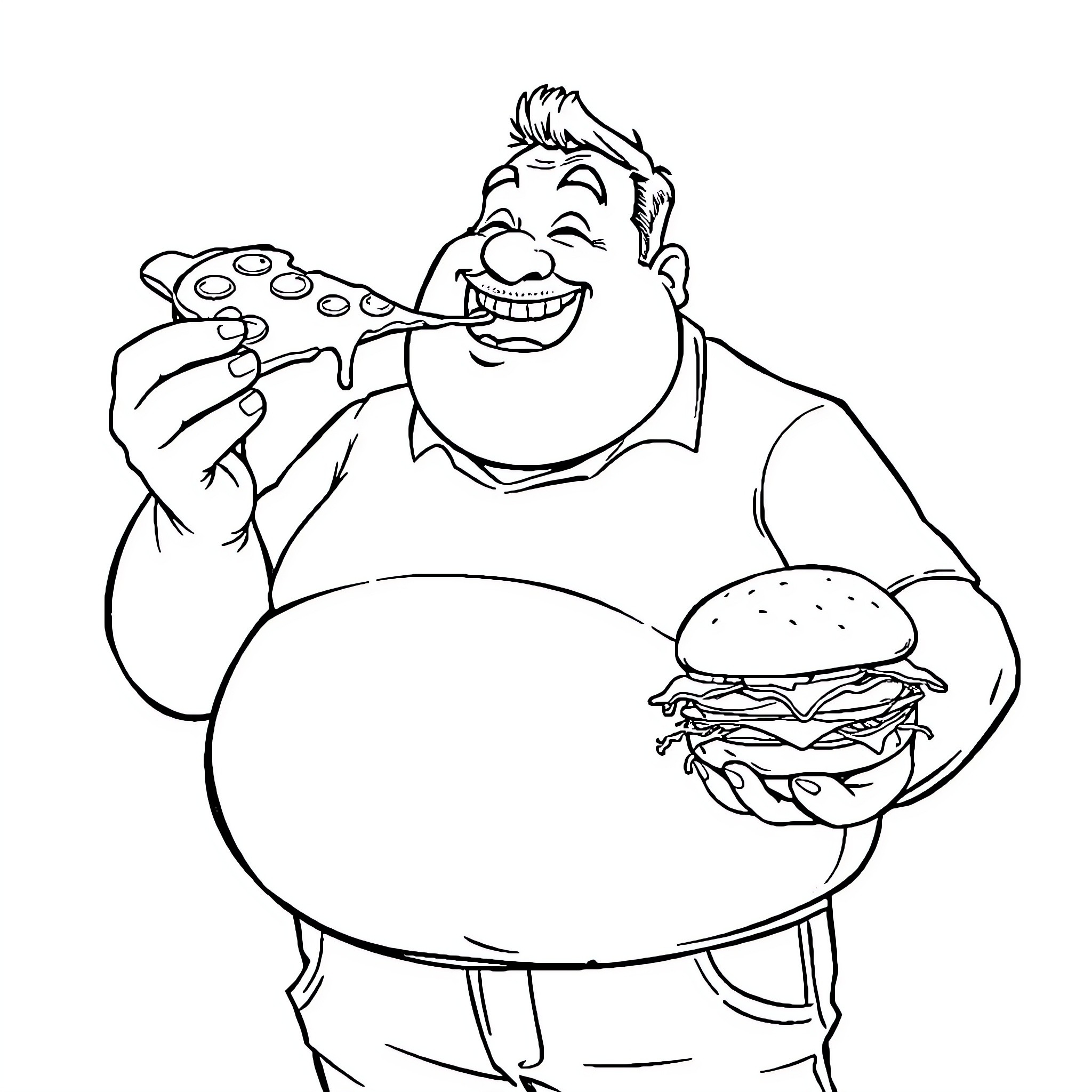 Man enjoying a video game and a burger Coloring Page (free black-and-white line drawing printable PDF for all, from beginners to advanced learners, including children, teens, adults, and seniors)