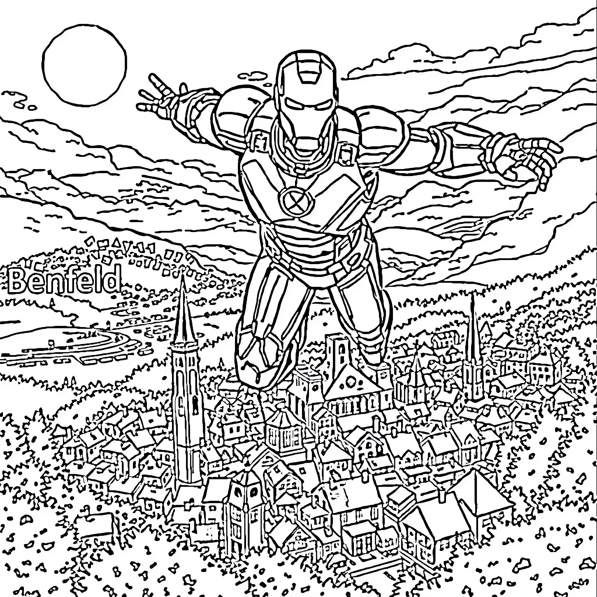 Iron Man soaring over a city landscape Coloring Page (free black-and-white line drawing printable PDF for all, from beginners to advanced learners, including children, teens, adults, and seniors)