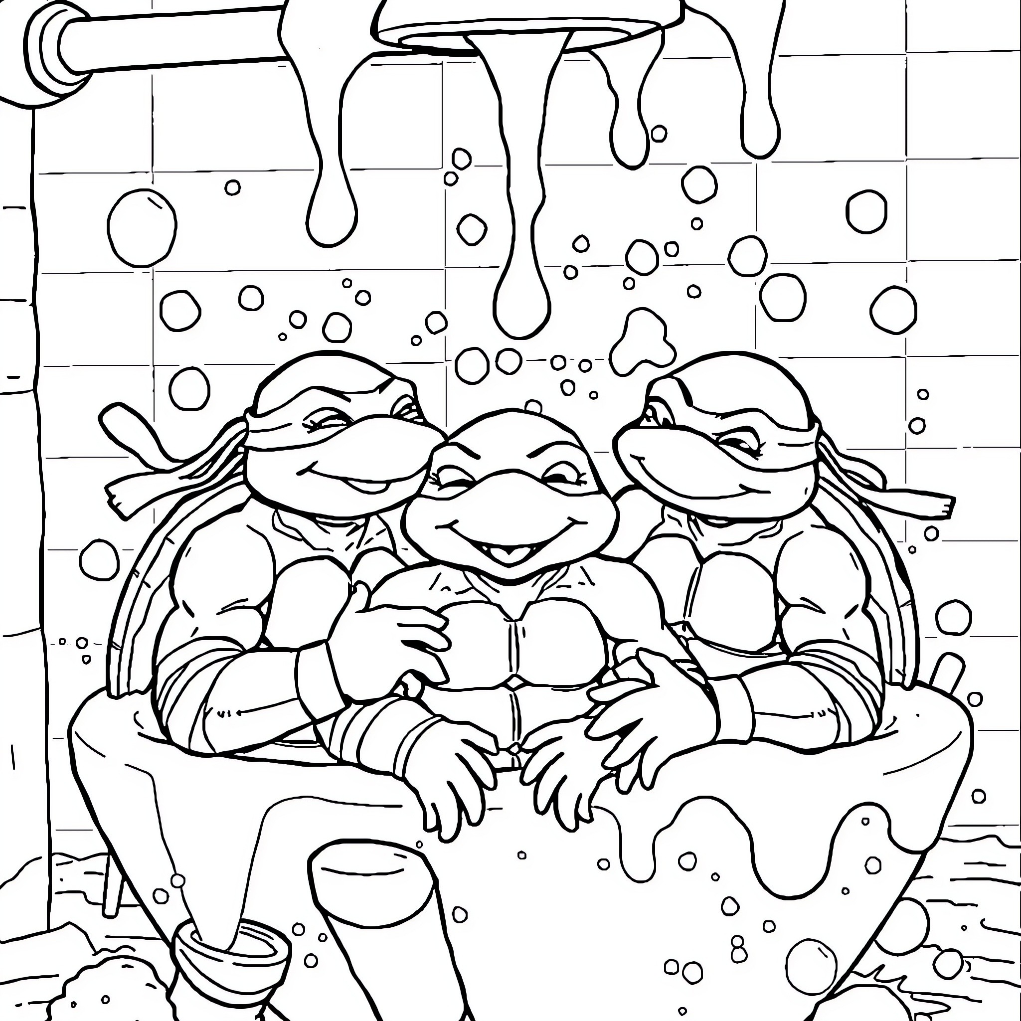 Ninja Turtles having fun in a bubble bath Coloring Page (free black-and-white line drawing printable PDF for all, from beginners to advanced learners, including children, teens, adults, and seniors)