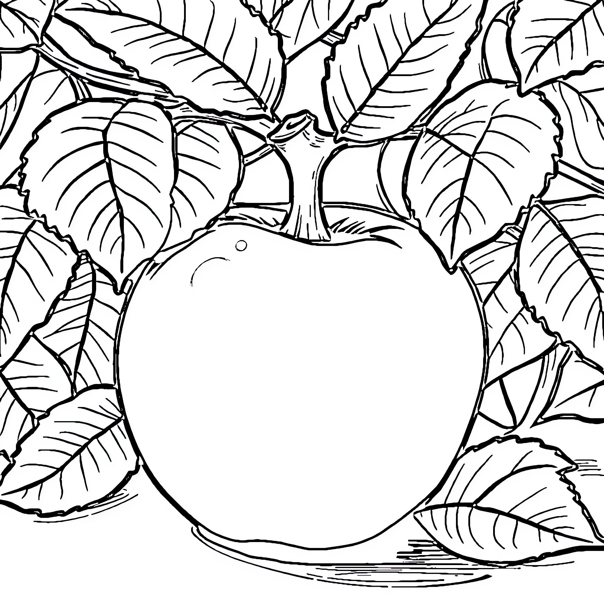 Apple surrounded by foliage and leaves Coloring Page (free black-and-white line drawing printable PDF for all, from beginners to advanced learners, including children, teens, adults, and seniors)